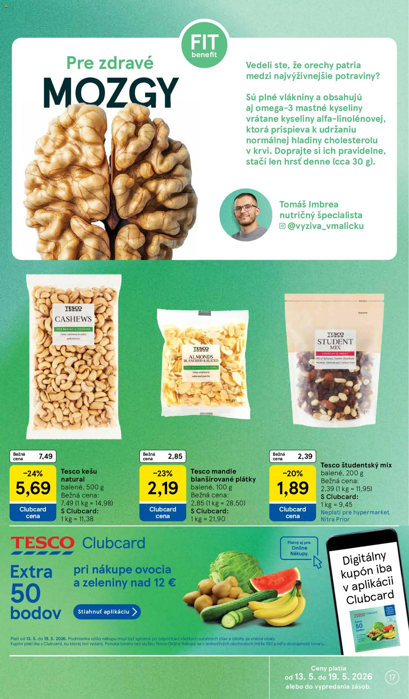 Nové Tesco akcie – leták je platný od 13.05.2026 | Strana: 17 | Produkty: Orechy, Mandle