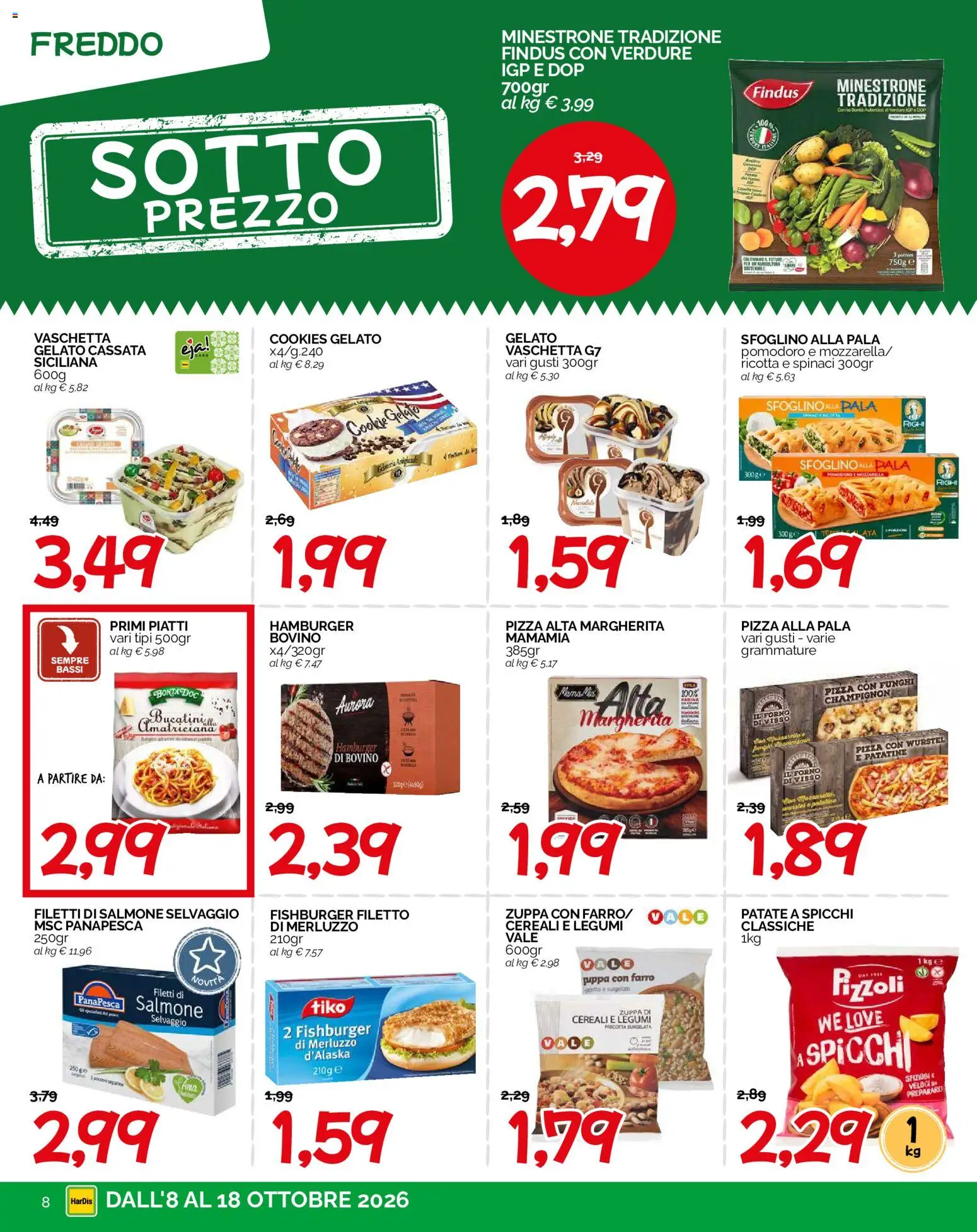 Volantino HarDis del 08/10/2026 | Pagina: 8 | Prodotti: Merluzzo, Patatine, Gelato, Pomodoro