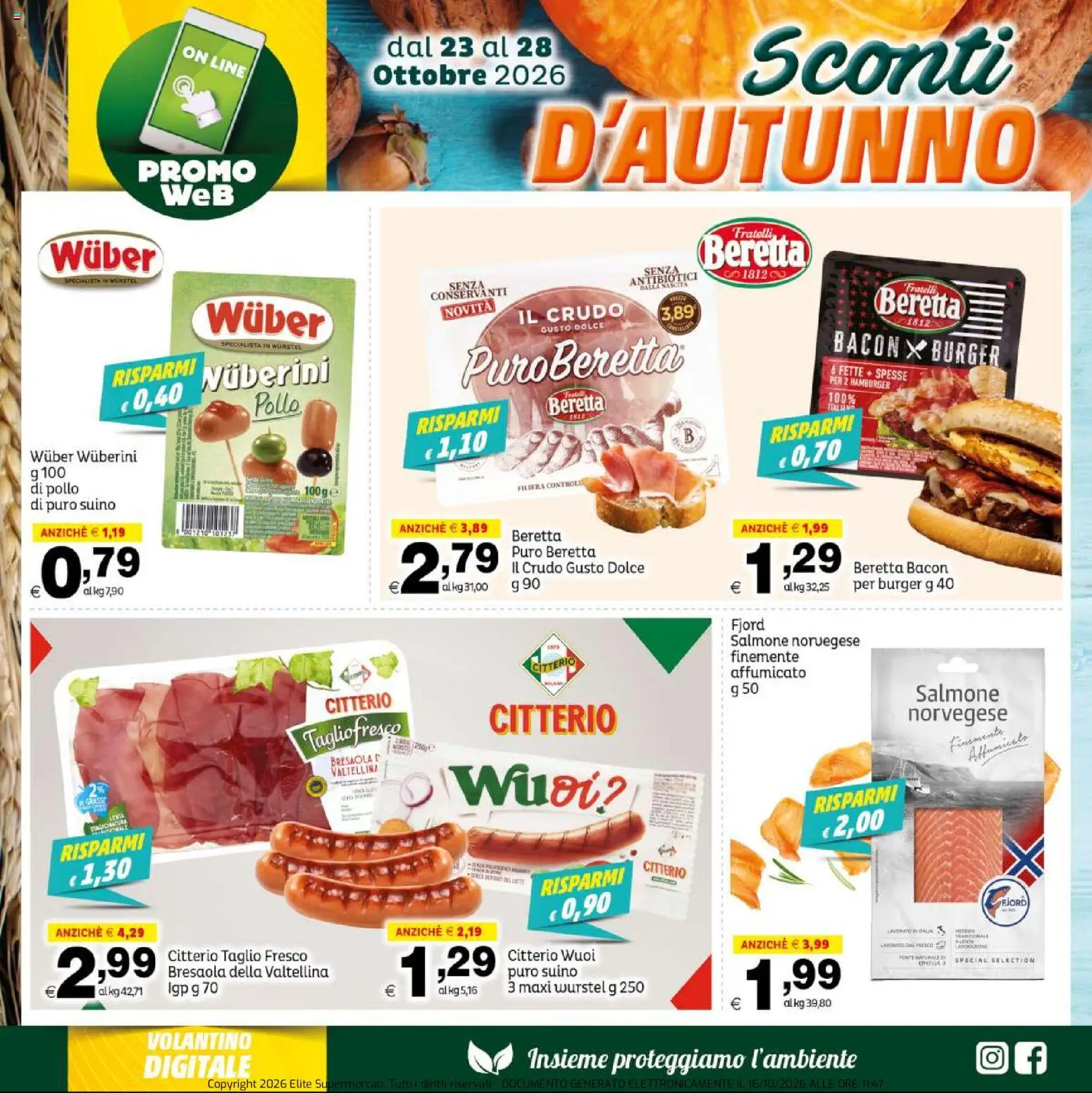 Volantino Elite Supermercati del 23/10/2026 | Pagina: 3 | Prodotti: Salmone, Bresaola, Bacon, Hamburger