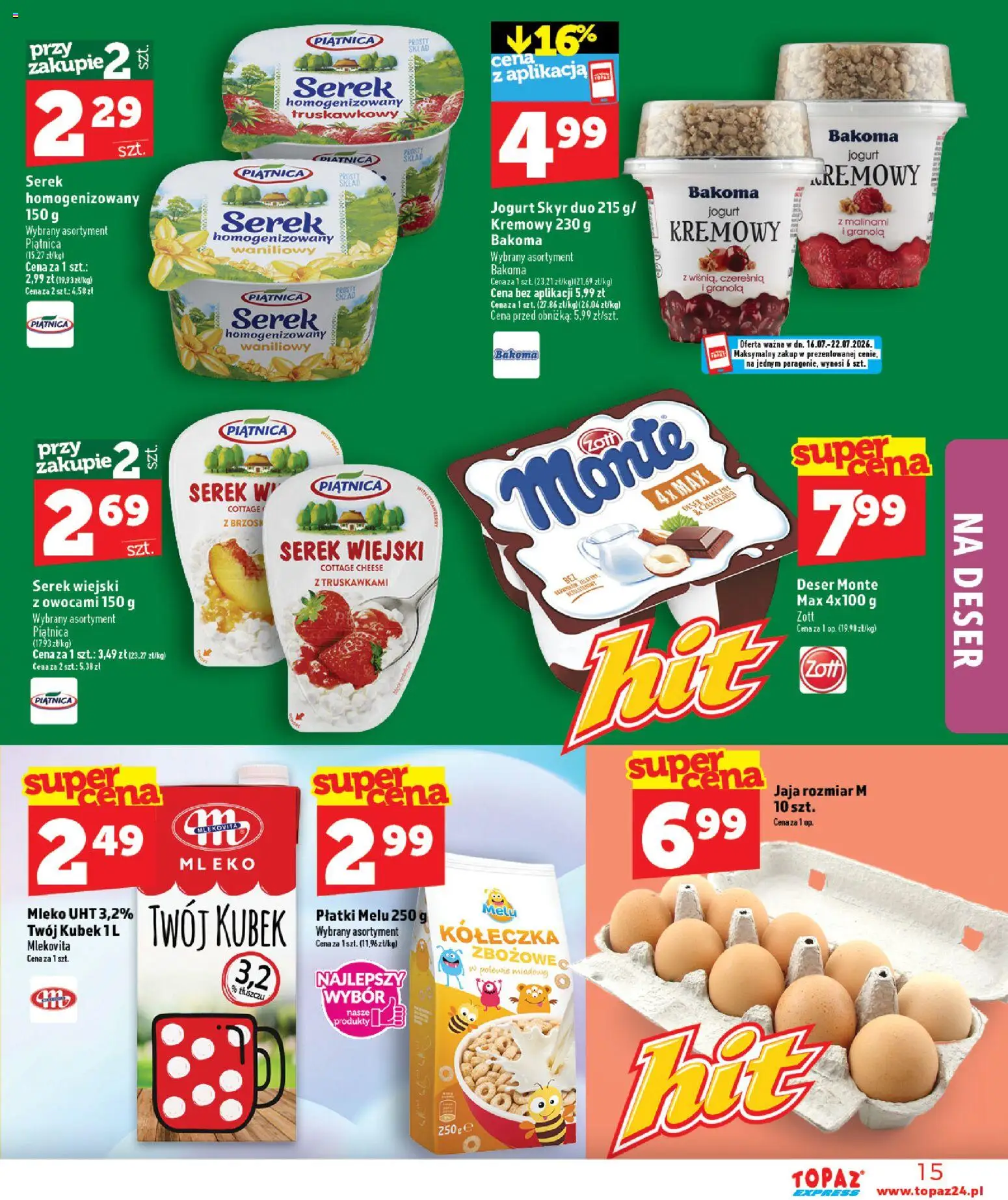 Topaz gazetka - Express od 16.07.2026 | Strona: 15 | Produkty: Serek, Granola, Jogurt, Skyr