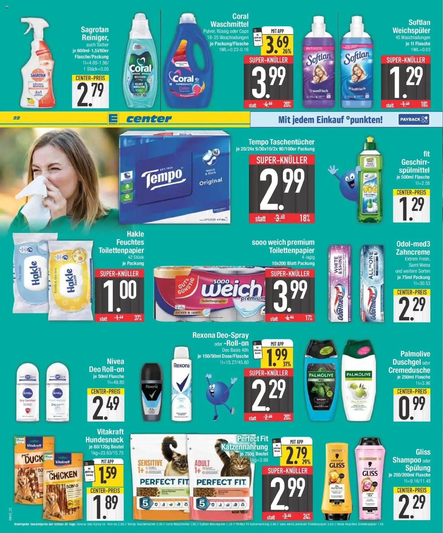E center Prospekt Bayerisch Gmain (ab 12.10.2026) zum Blättern | Seite: 22 | Produkte: Duschgel, Waschmittel, Deospray, Toilettenpapier
