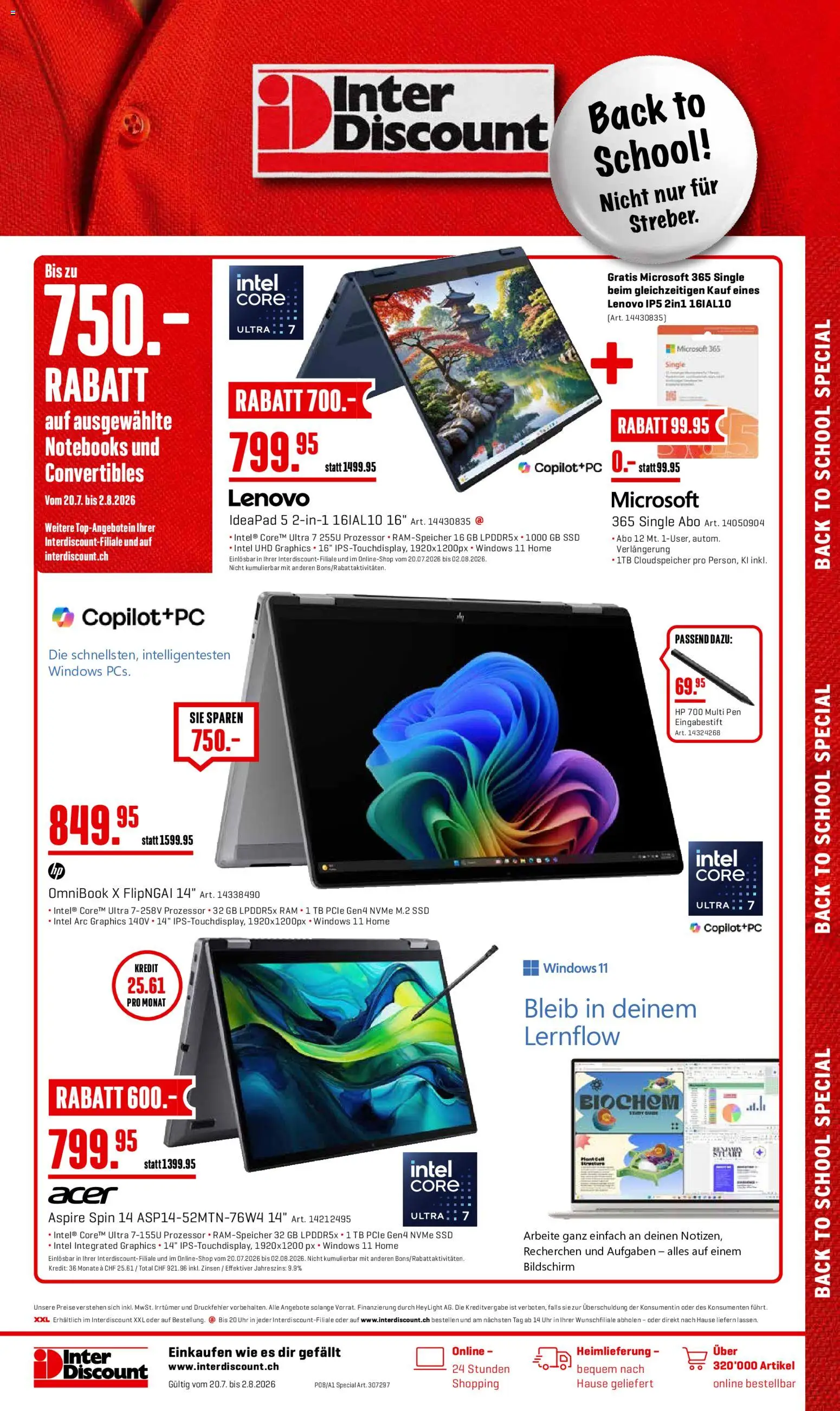 Interdiscount aktionen Back to school – gültig ab 20.07.2026 | Seite: 1 | Produkte: Bildschirm, Uhr, Lenovo, HP