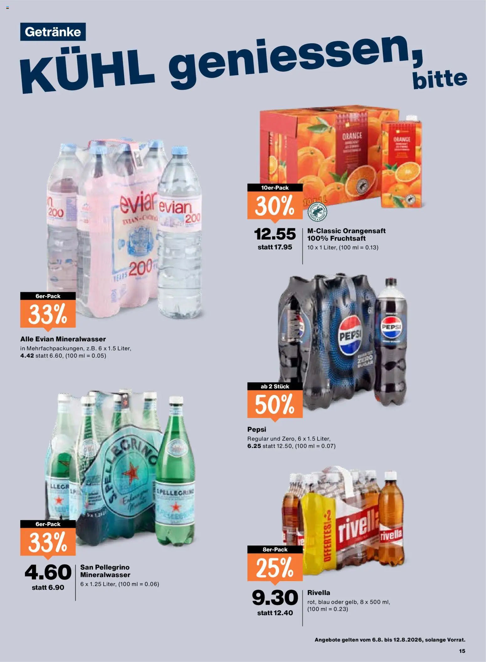 Migros aktionen – gültig ab 06.08.2026 | Seite: 15 | Produkte: Ridge, Orangensaft, Mineralwasser