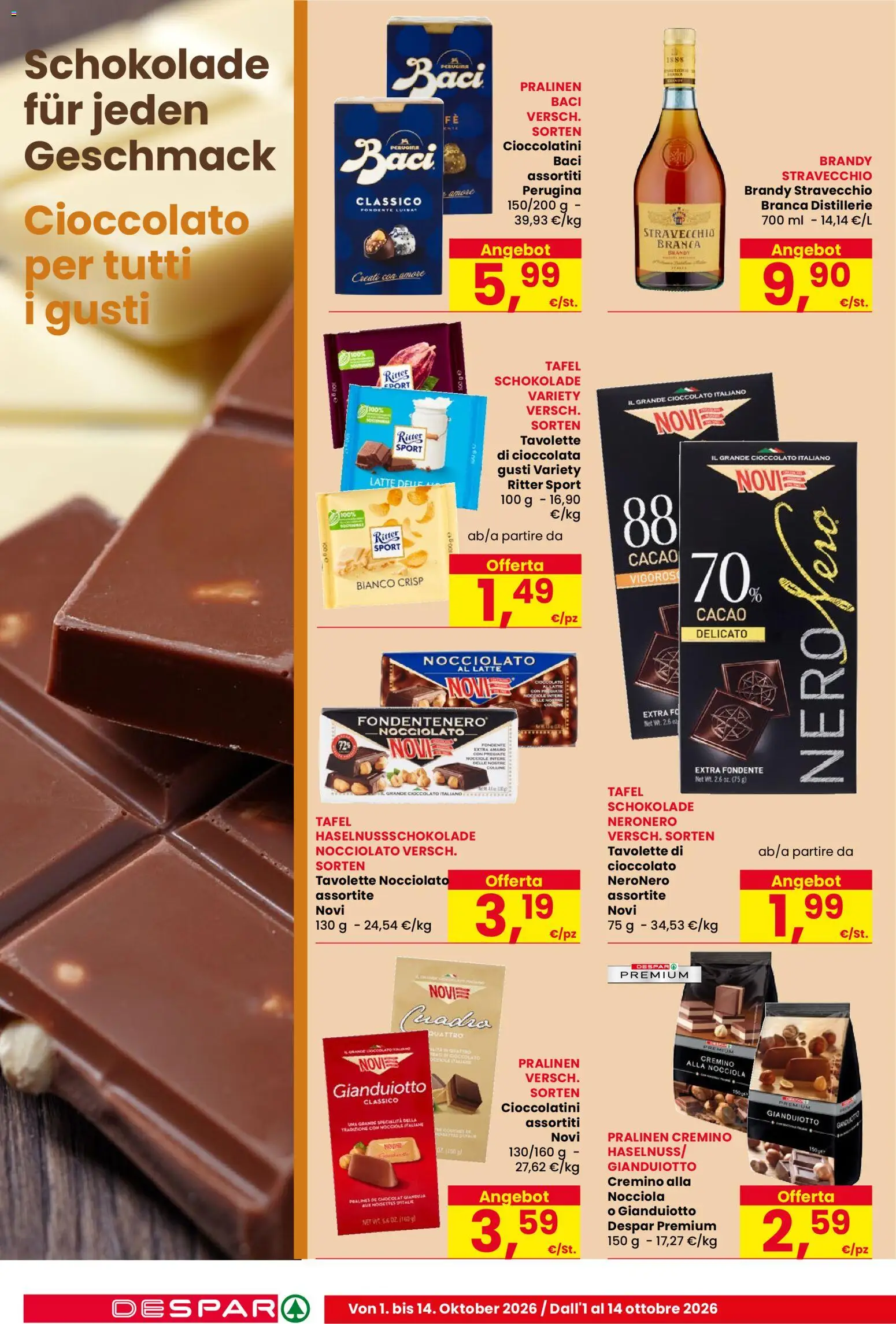 Volantino Despar del 01/10/2026 | Pagina: 14 | Prodotti: Cioccolato, Cacao, Cioccolatini, Brandy
