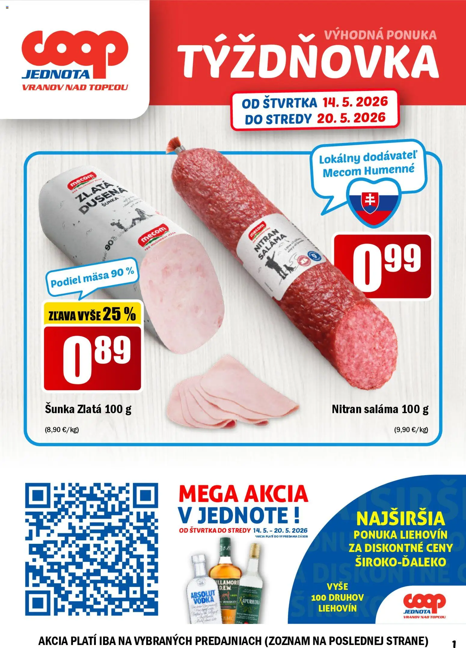 Nové COOP Jednota akcie – leták je platný od 14.05.2026 | Strana: 1 | Produkty: Saláma, Šunka, Vodka, Absolut vodka