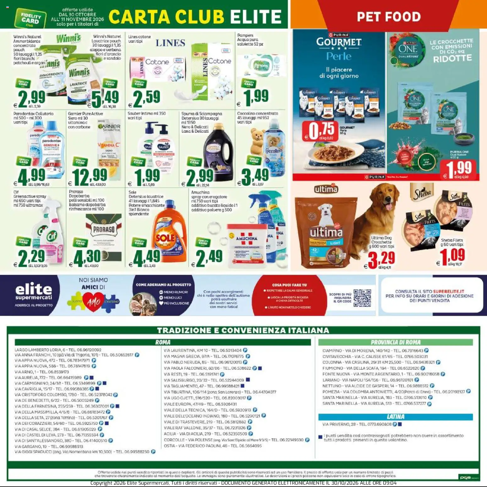 Volantino Elite Supermercati del 30/10/2026 | Pagina: 20 | Prodotti: Dopobarba, Collutorio, Intimo, Crocchette