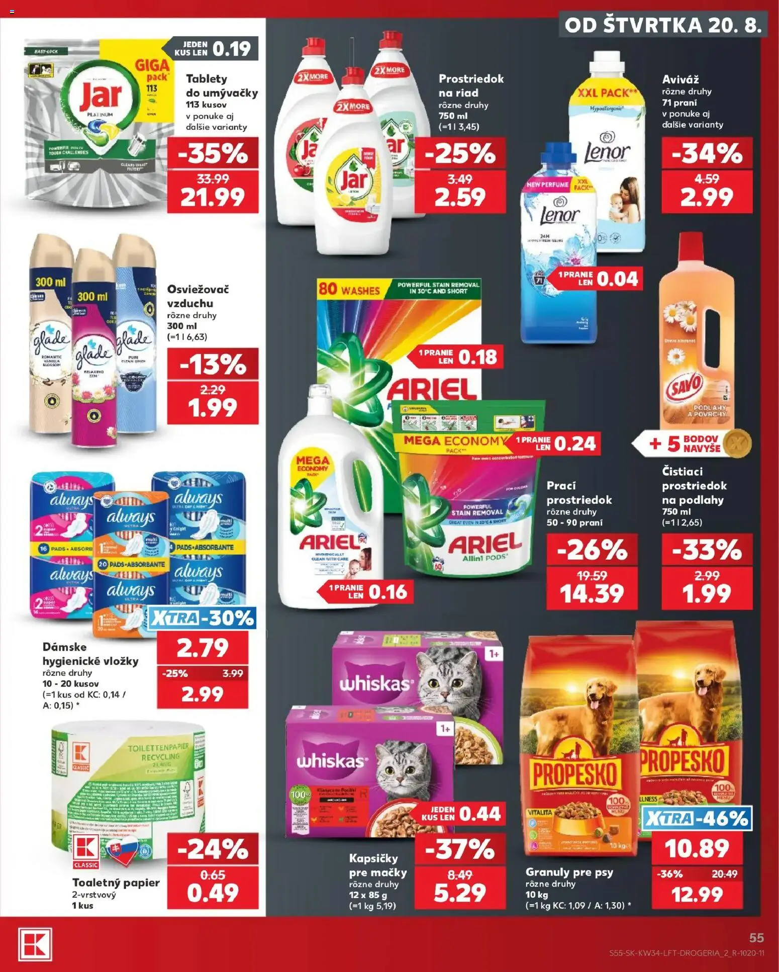 Kaufland SK akciós ujság - amely érvényes a következő dátumtól: 2026.08.20. | Oldal: 55 | Termékek: Ariel, Lenor, Whiskas, Always