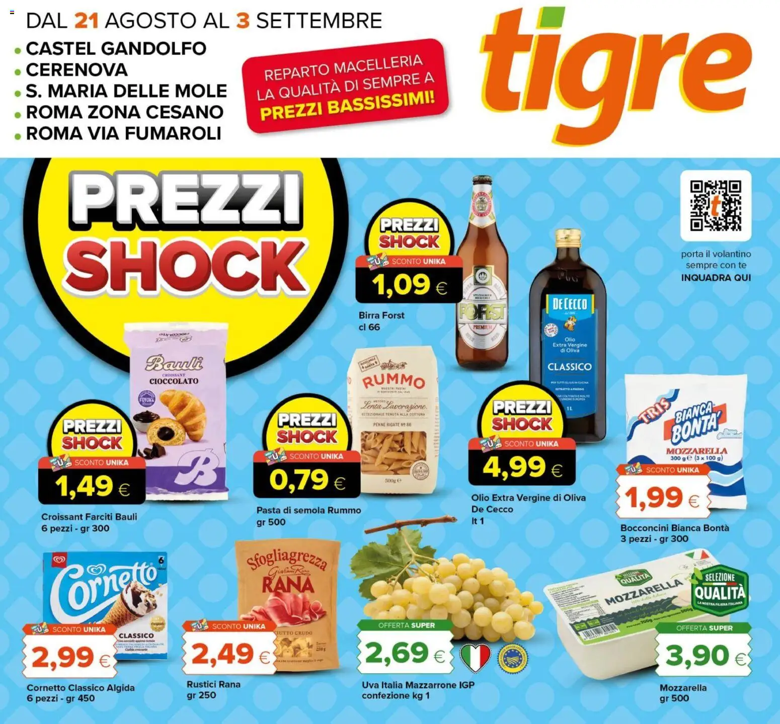 Volantino Tigre del 21/08/2026 | Pagina: 1 | Prodotti: De Cecco, Mozzarella, Uva, Rustici