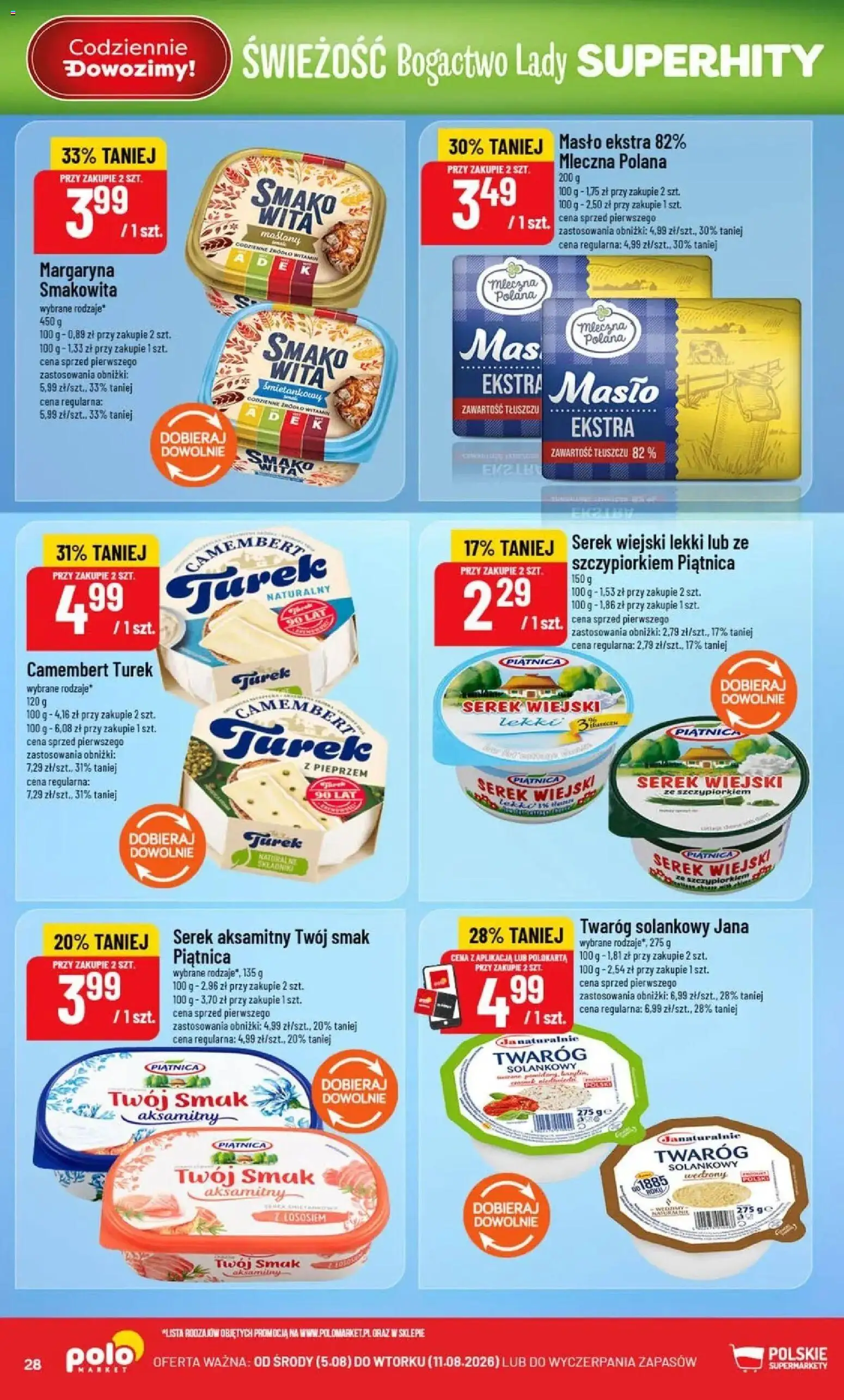 POLOmarket gazetka od 05.08.2026 | Strona: 28 | Produkty: Piątnica, Serek wiejski, Margaryna, Serek wiejski lekki