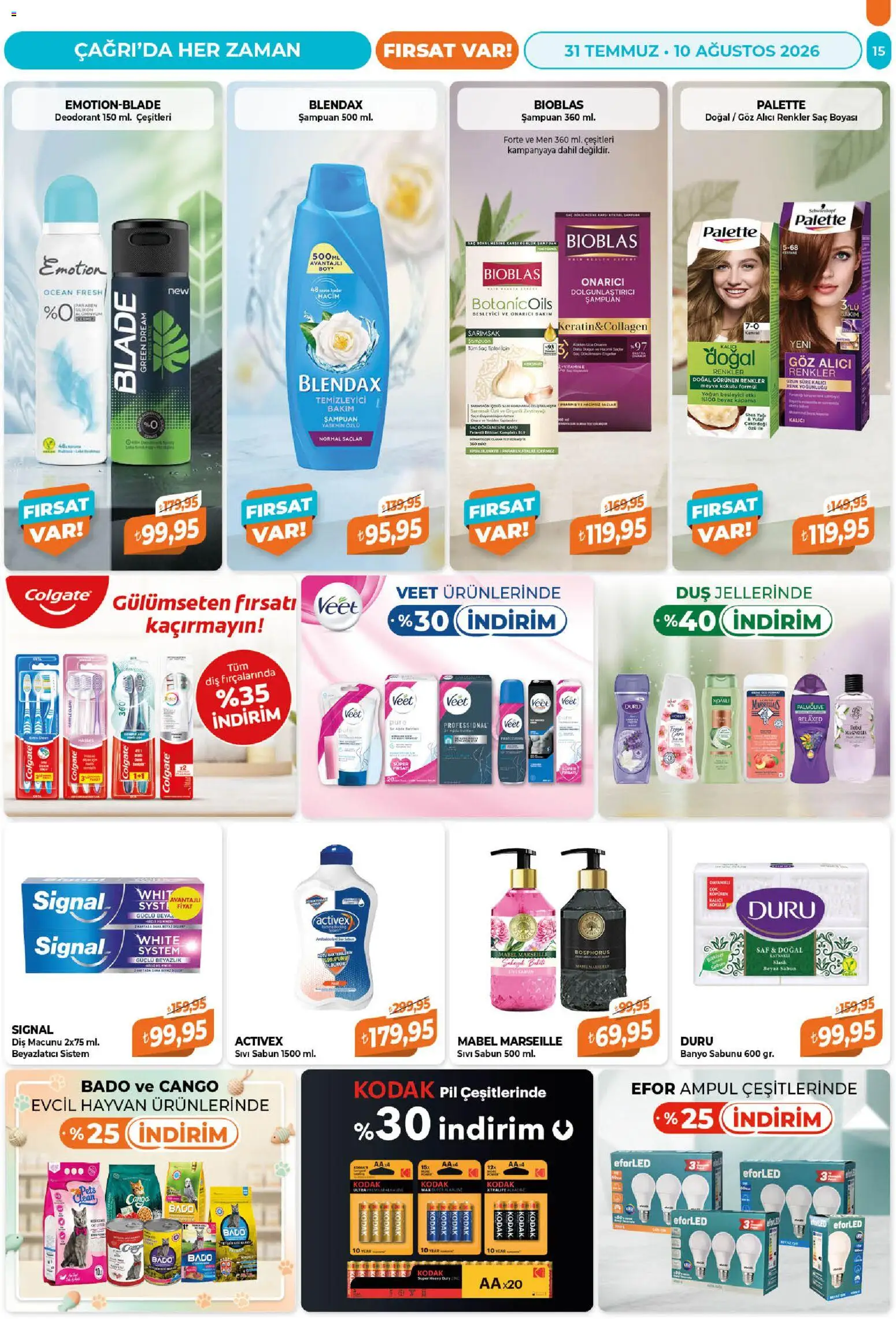 Çağrı Market Katalog - 31 Temmuz 2026 tarihinden itibaren geçerlidir | Sayfa: 15 | Ürünler: Banyo, Şampuan, Diş macunu, Sarımsak