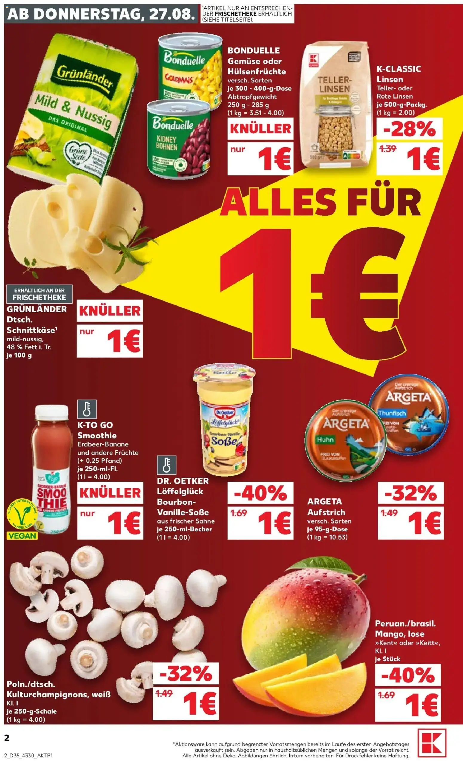 Prospekt Kaufland ab 27.08.2026 » Angebote Online zum Blättern | Seite: 2 | Produkte: Thunfisch, Gemüse, Grunlander, Sahne