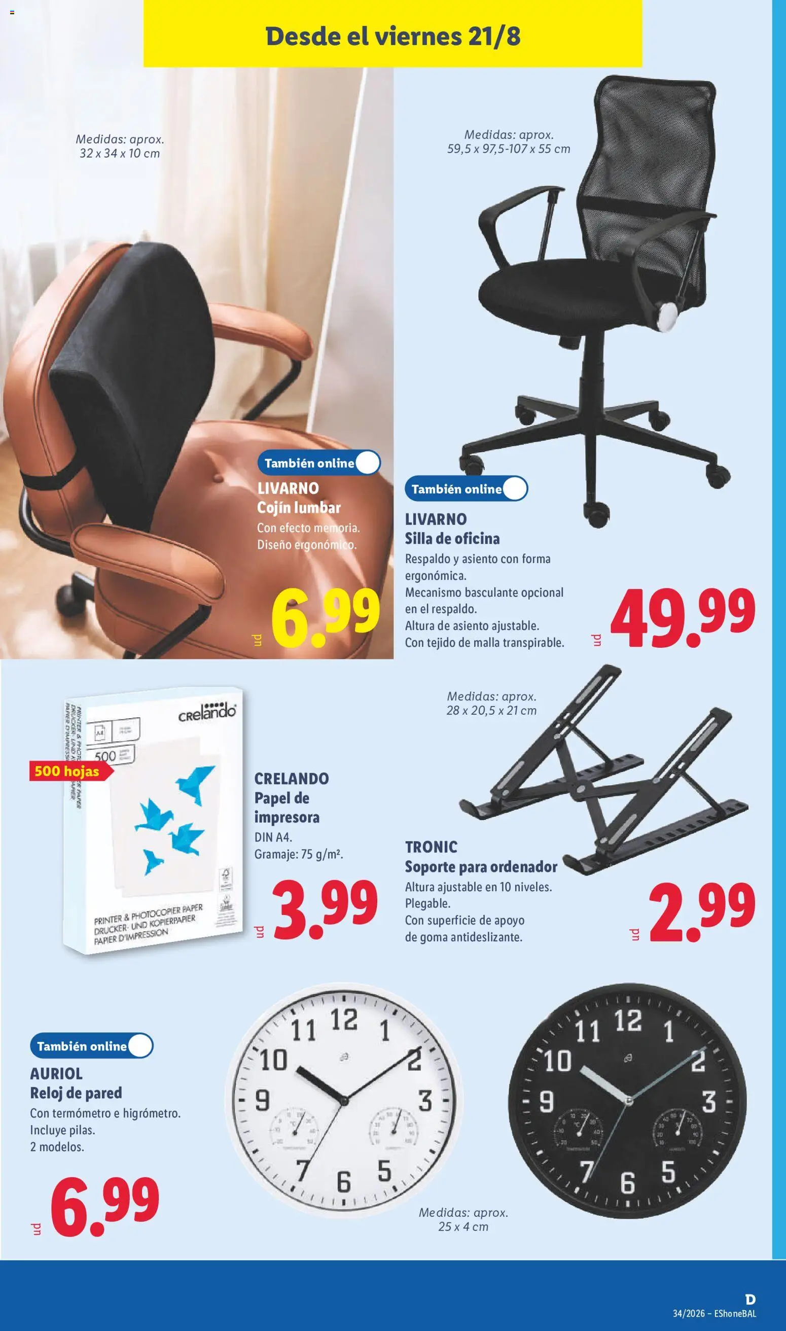 Lidl folleto de bazar │ válido desde el 17/08/2026 | Página: 21 | Productos: Silla de oficina, Impresora, Reloj de pared, Cojín