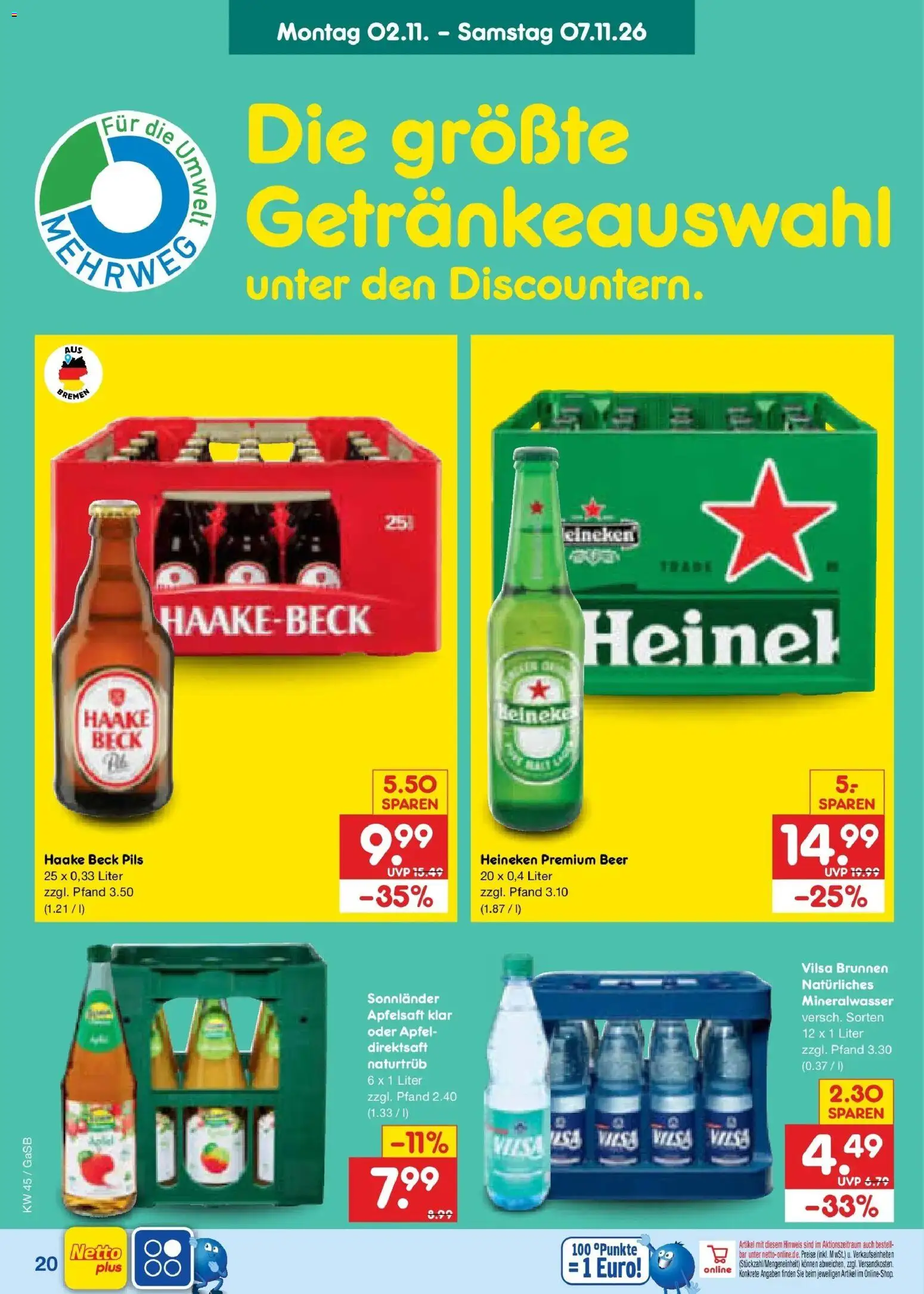 Netto Marken-Discount Prospekt Oldenburg – gültig ab 02.11.2026 | Seite: 30 | Produkte: Pils, Apfelsaft, Mineralwasser, Heineken