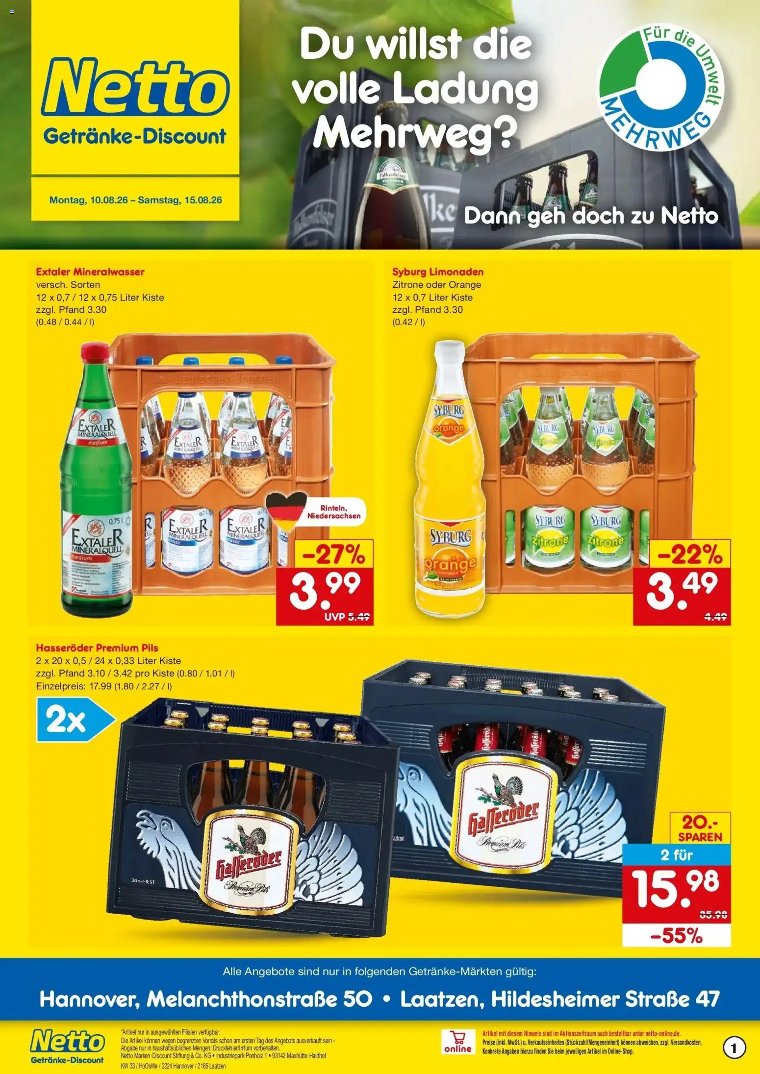 Netto Marken-Discount Prospekt Hannover – gültig ab 10.08.2026 | Seite: 1 | Produkte: Pils, Mineralwasser, Zitrone, Hasseröder