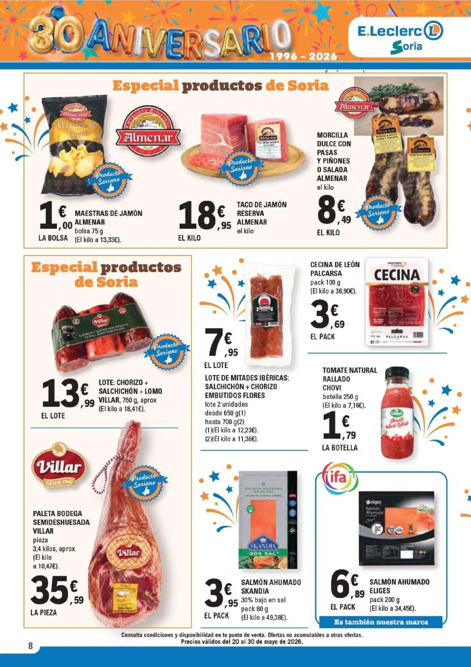 E.Leclerc Soria │ válido desde el 20.05.2026 | Página: 8 | Productos: Jamón, Νυχτικό, Bolsa, Salmón ahumado