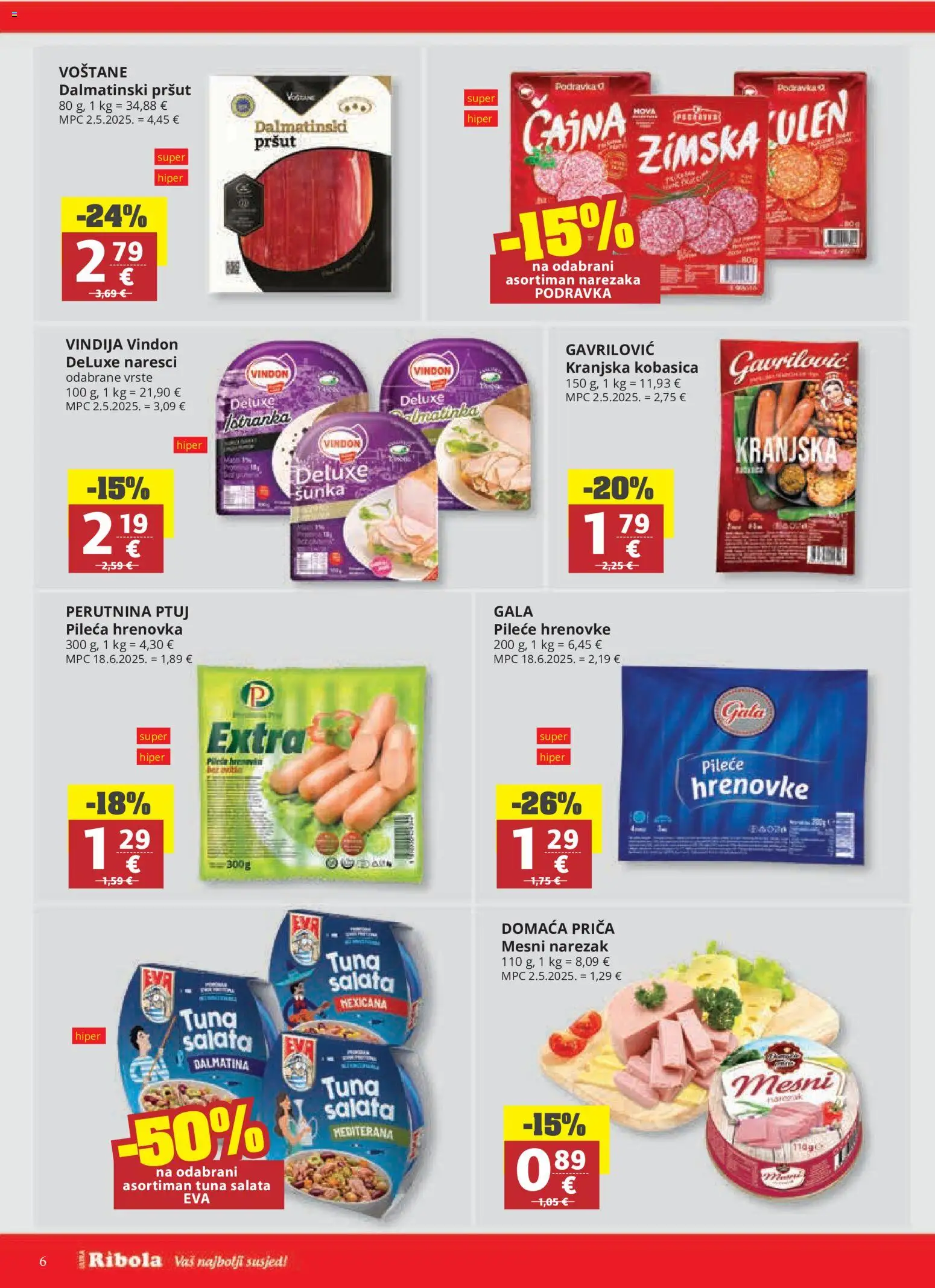 Ribola katalog | vrijedi od 28.10.2026 | Stranica: 6 | Proizvodi: Vindija, Kranjska kobasica, Salata, Perutnina Ptuj
