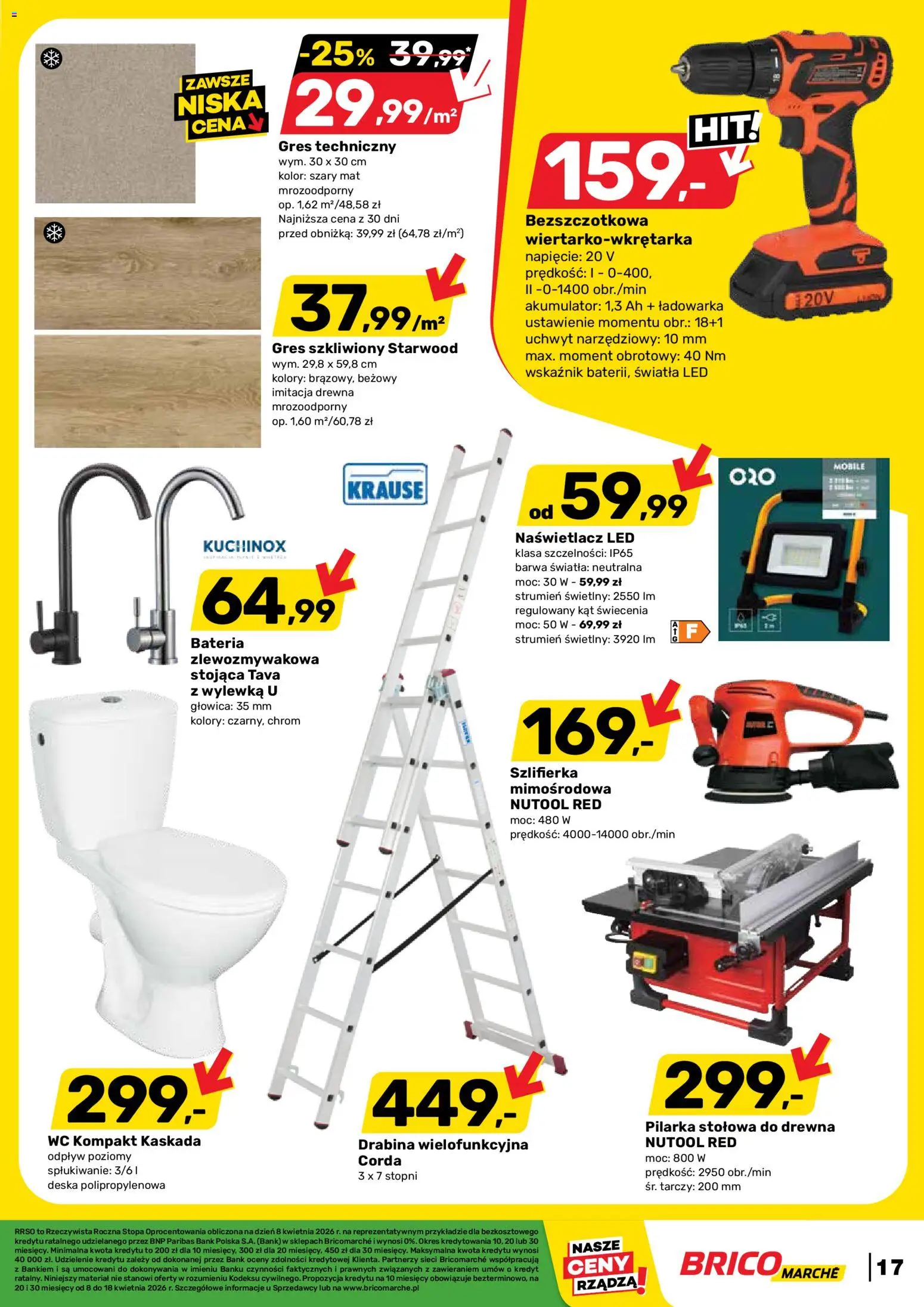 Brico Marché gazetka od 08.04.2026 | Strona: 17 | Produkty: Ładowarka, Drabina, Bateria, Szlifierka