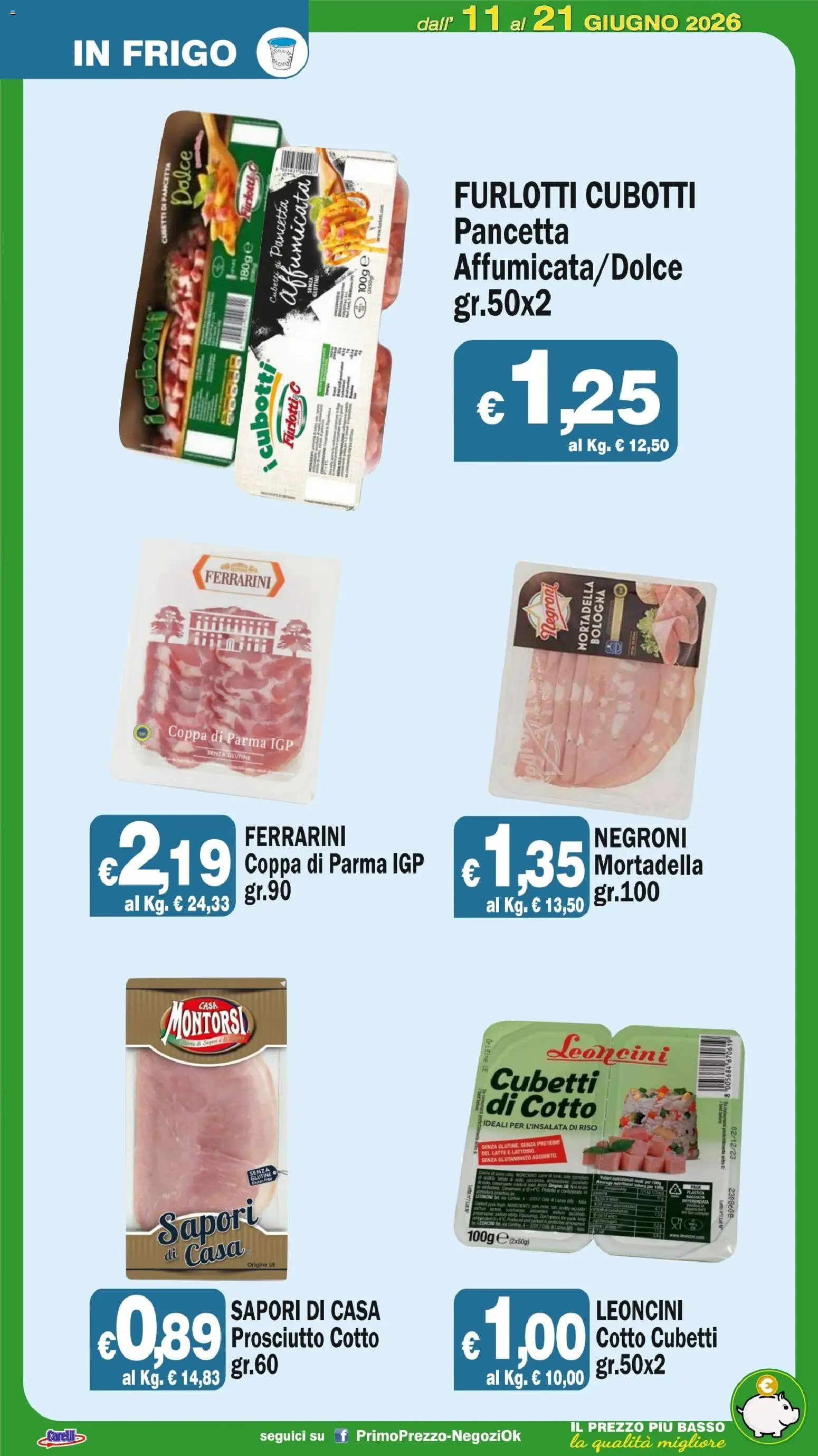 Volantino Primo Prezzo del 11.06.2026 | Pagina: 43 | Prodotti: Prosciutto Cotto, Riso, The, Mortadella
