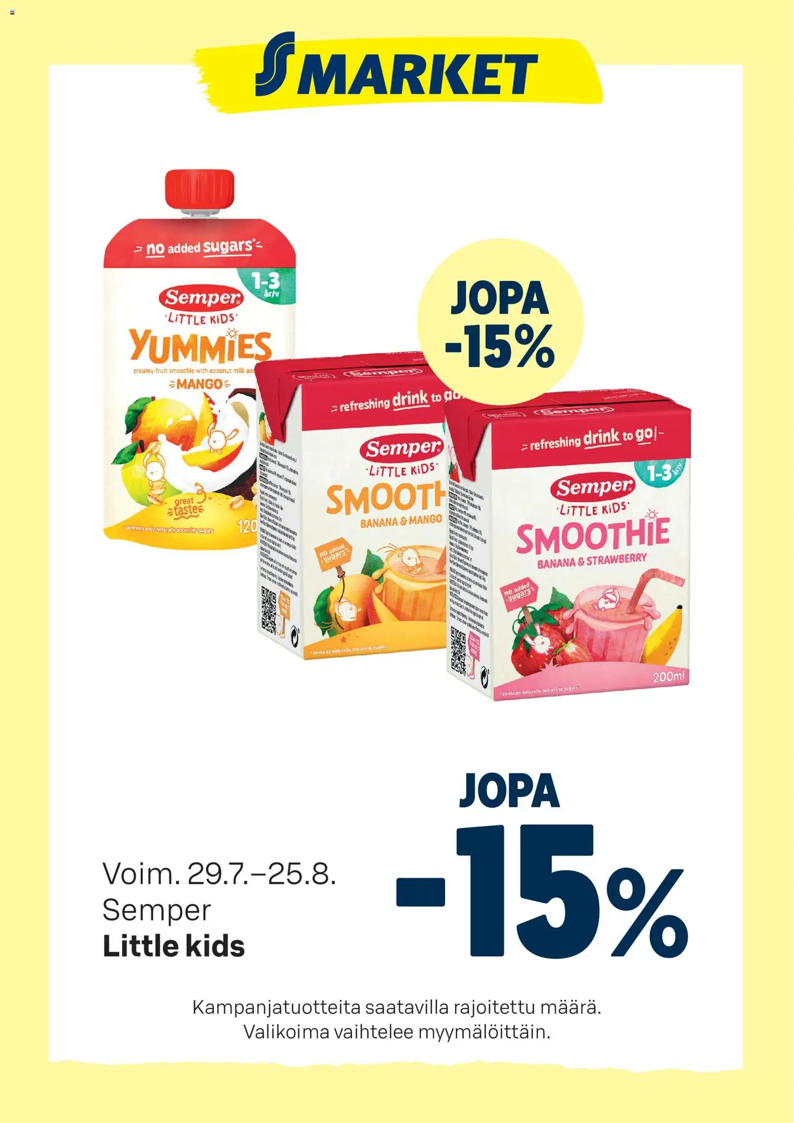 S-market tarjoukset Semper Little kids – voimassa 29/07/2026 alkaen | Sivu: 1 | Tuotteet: Mango