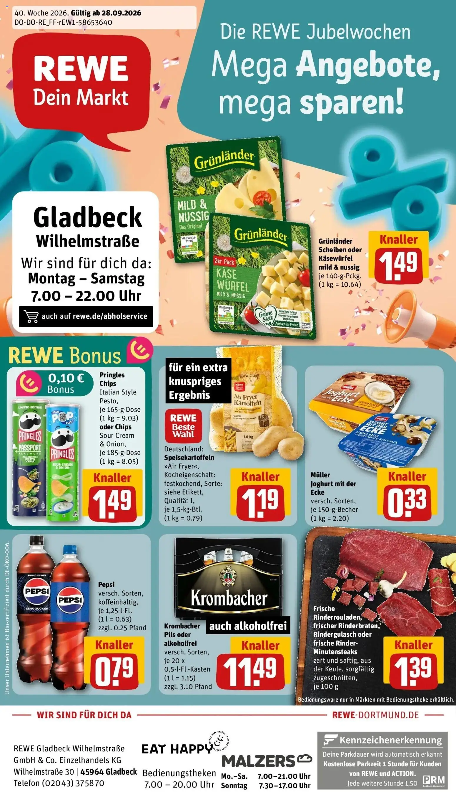 REWE Prospekt ab 28.09.2026 zum Blättern » Angebote | Seite: 1 | Produkte: Grunlander, Zucker, Chips, Uhr