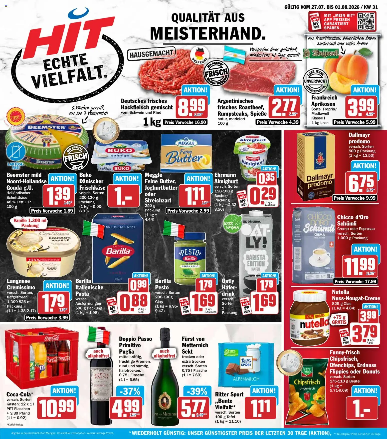 HIT Prospekt – gültig ab 27.07.2026 | Seite: 1 | Produkte: Cremissimo, Spieße, Dallmayr, Pasta