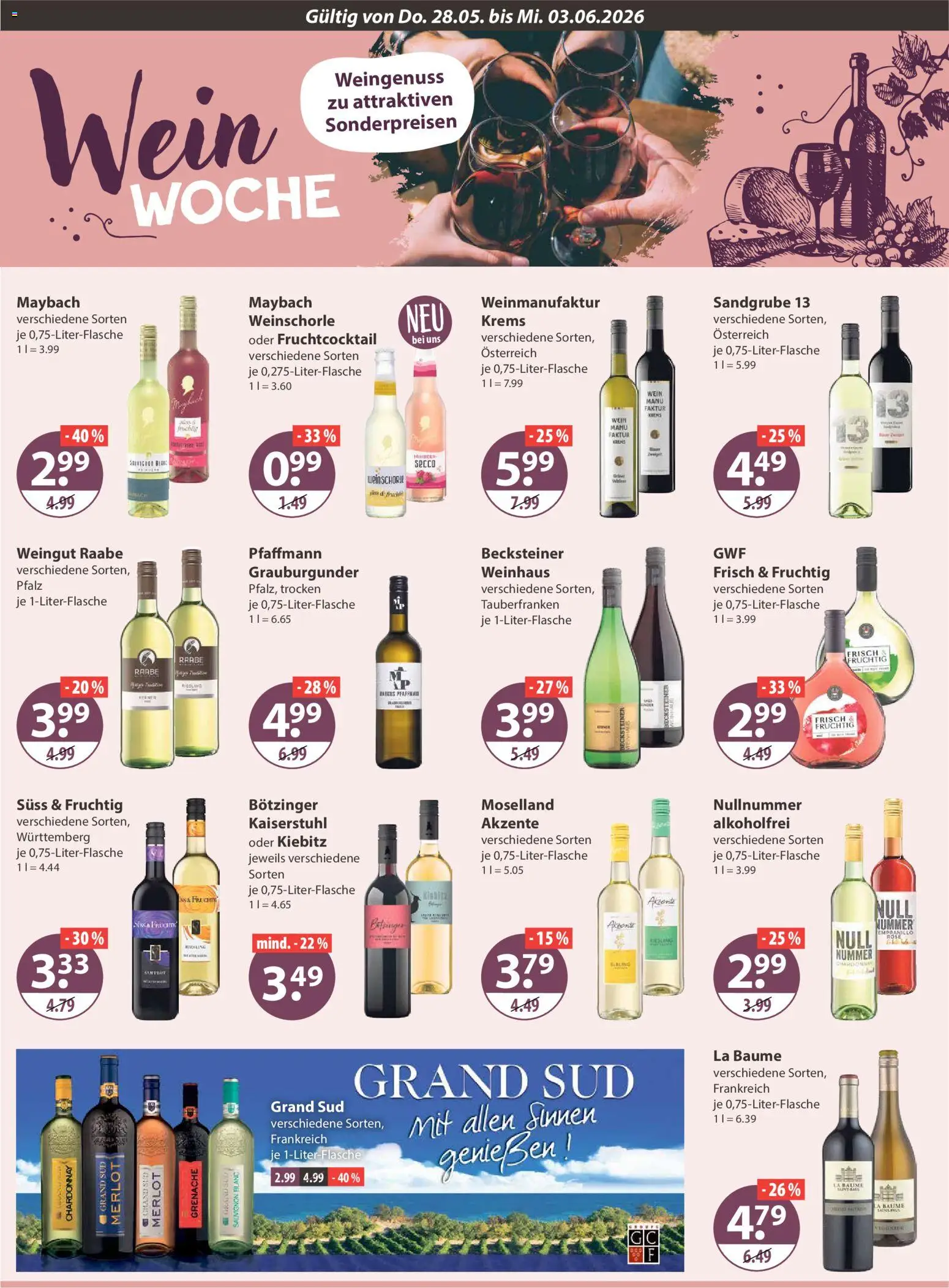 V-Markt Schwaben / Oberbayern – gültig ab 28.05.2026 | Seite: 12 | Produkte: Merlot, Weinschorle, Grand sud, Wein