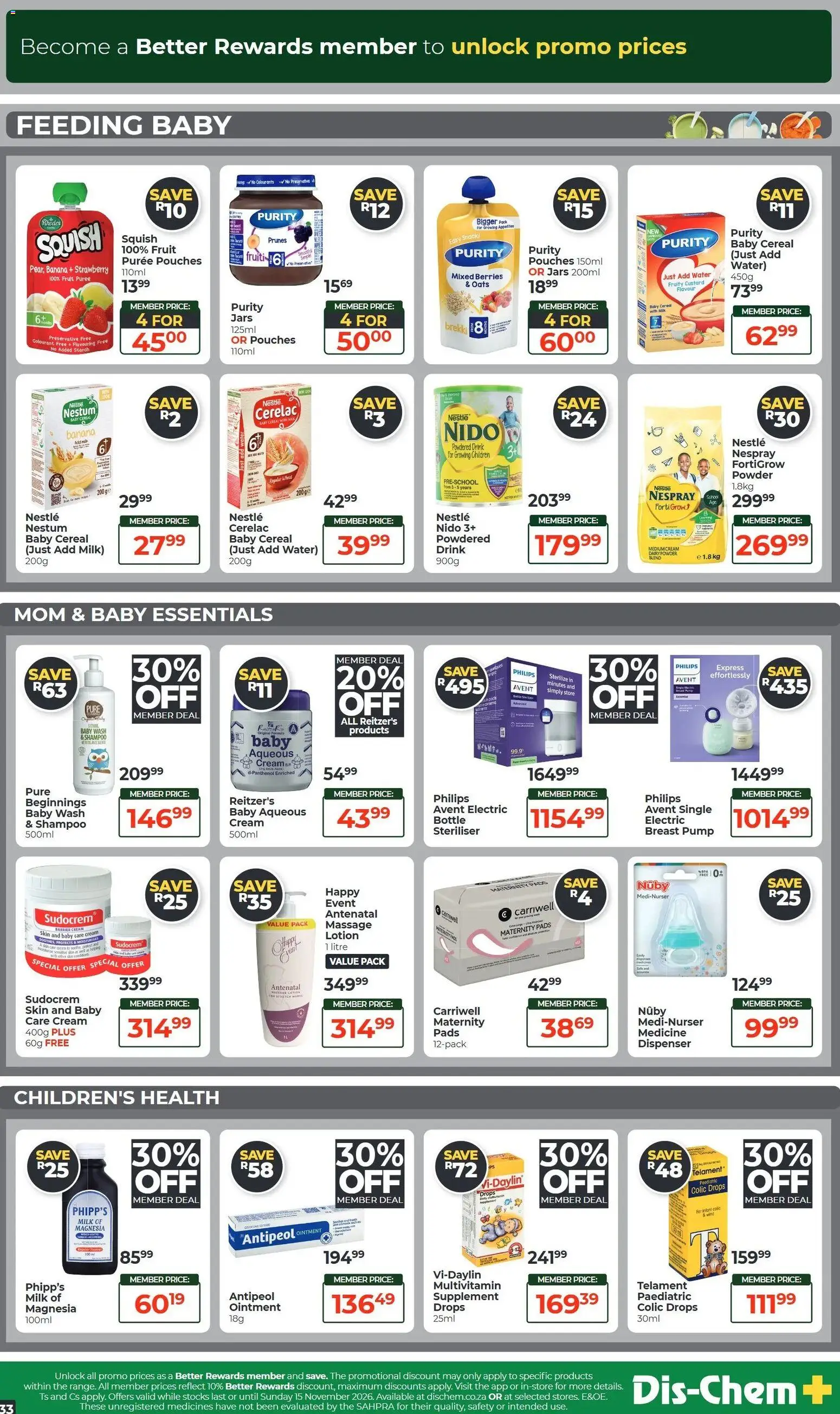 New Dis-Chem catalogue – valid from 20/10/2026 | Page: 33 | Products: Milk, Shampoo, Water, Lotion