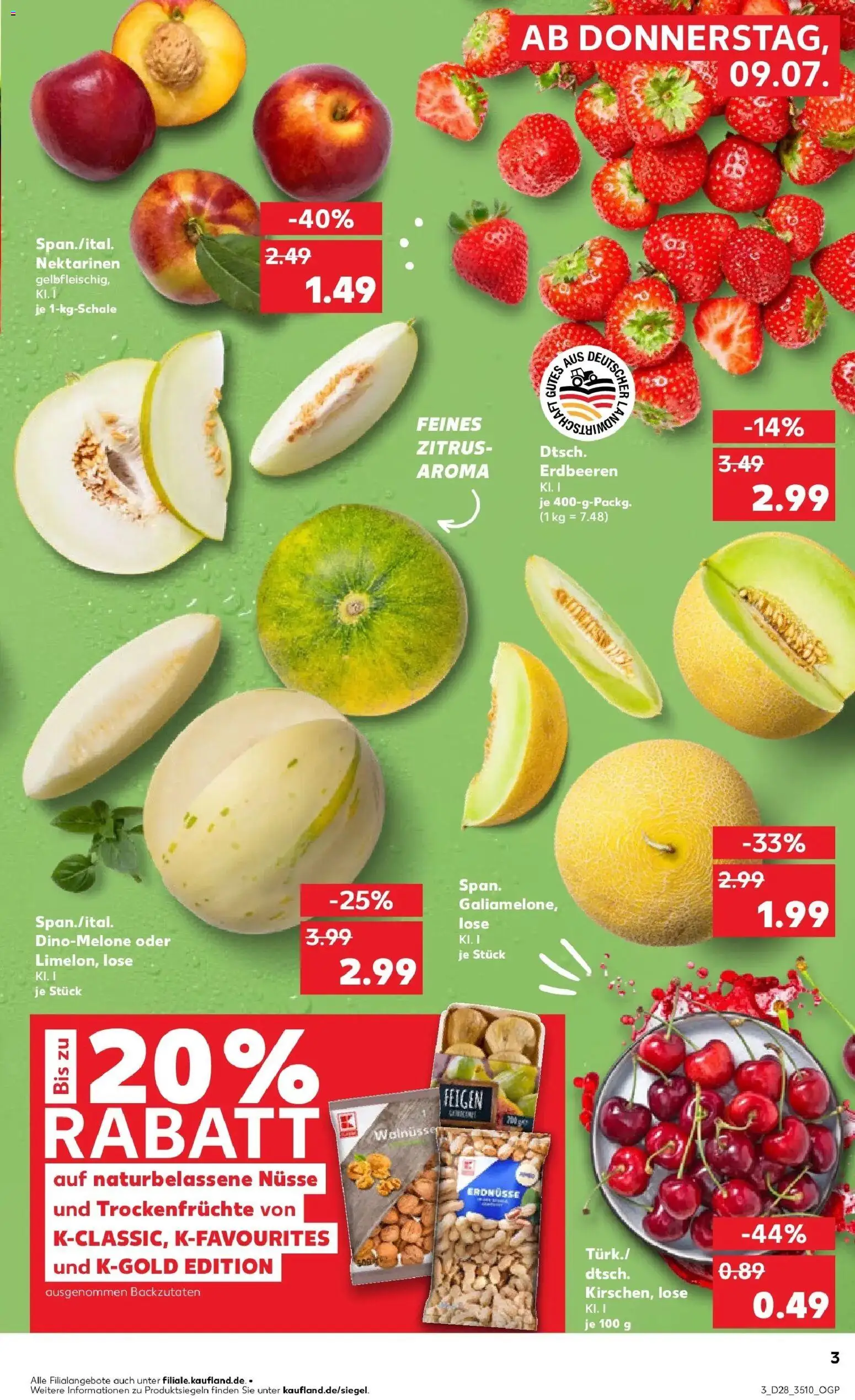 Kaufland Prospekt Riesa – gültig ab 09.07.2026 | Seite: 3 | Produkte: Erdnüsse, Nektarinen, Erdbeeren, Nüsse