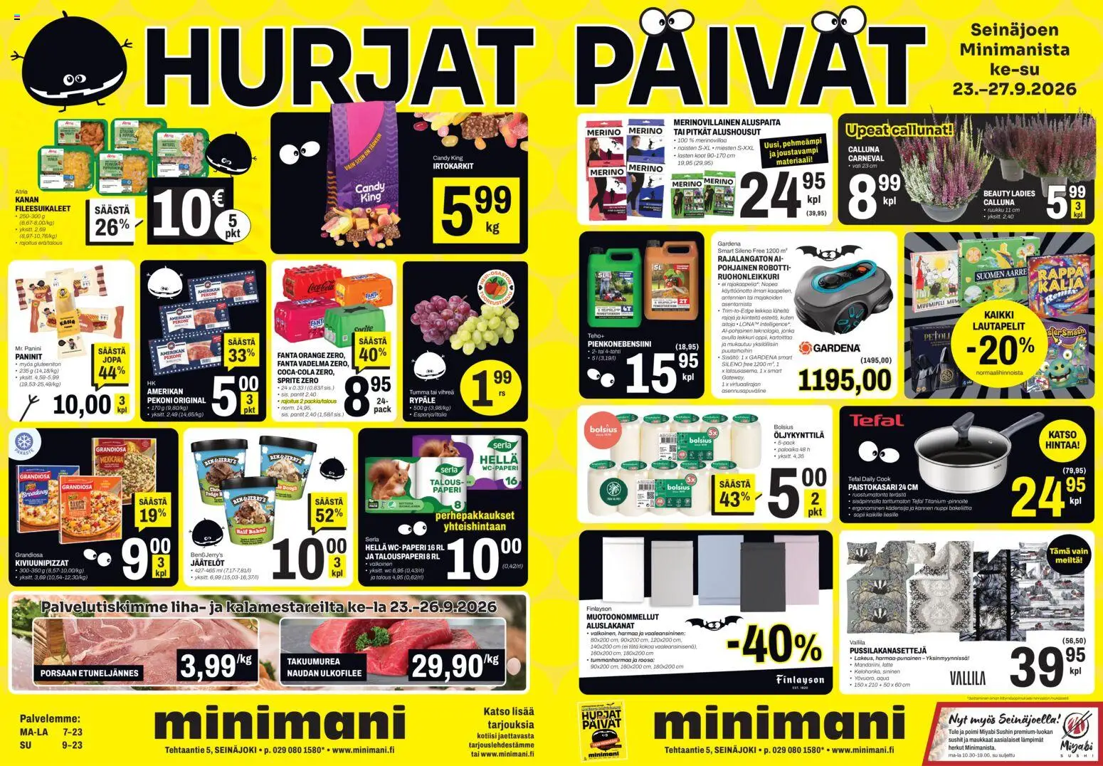 Minimani tarjoukset Seinäjoki – voimassa 23/09/2026 alkaen | Sivu: 1 | Tuotteet: Vadelma, Hella, Naudan ulkofilee, WC