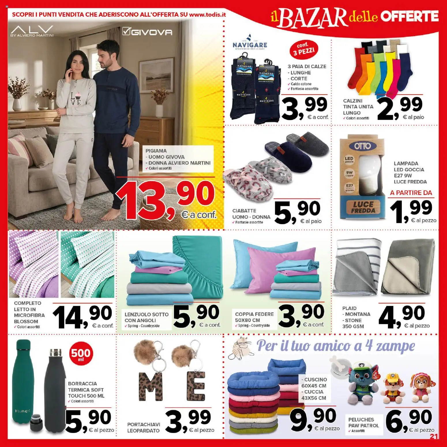 Volantino Todis del 01/10/2026 | Pagina: 21 | Prodotti: Pigiama, Cuscino, Borraccia, Lampada