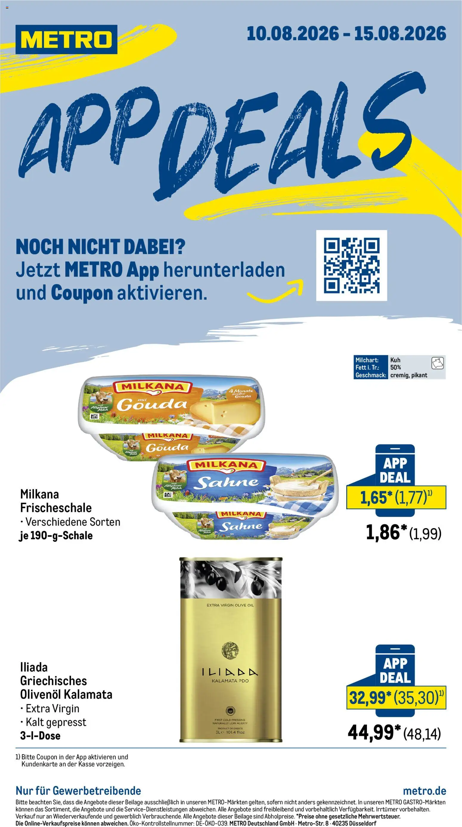 Metro App Deals – gültig ab 10.08.2026 | Seite: 1 | Produkte: Milch, Milkana, Olivenol, Sahne