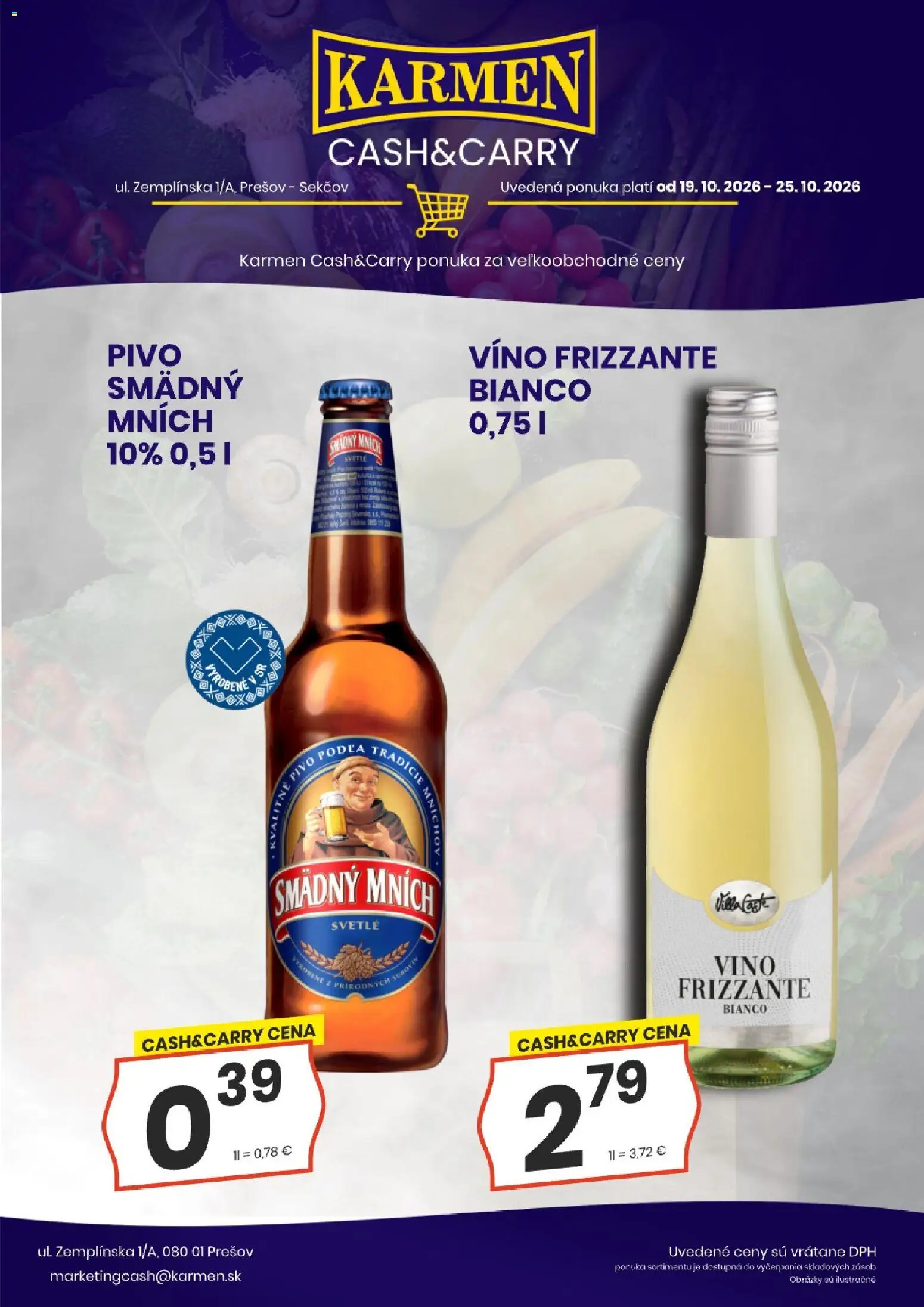 Nové KARMEN CBA akcie – leták je platný od 19.10.2026 | Strana: 2 | Produkty: Pivo, Víno, Smädný Mních