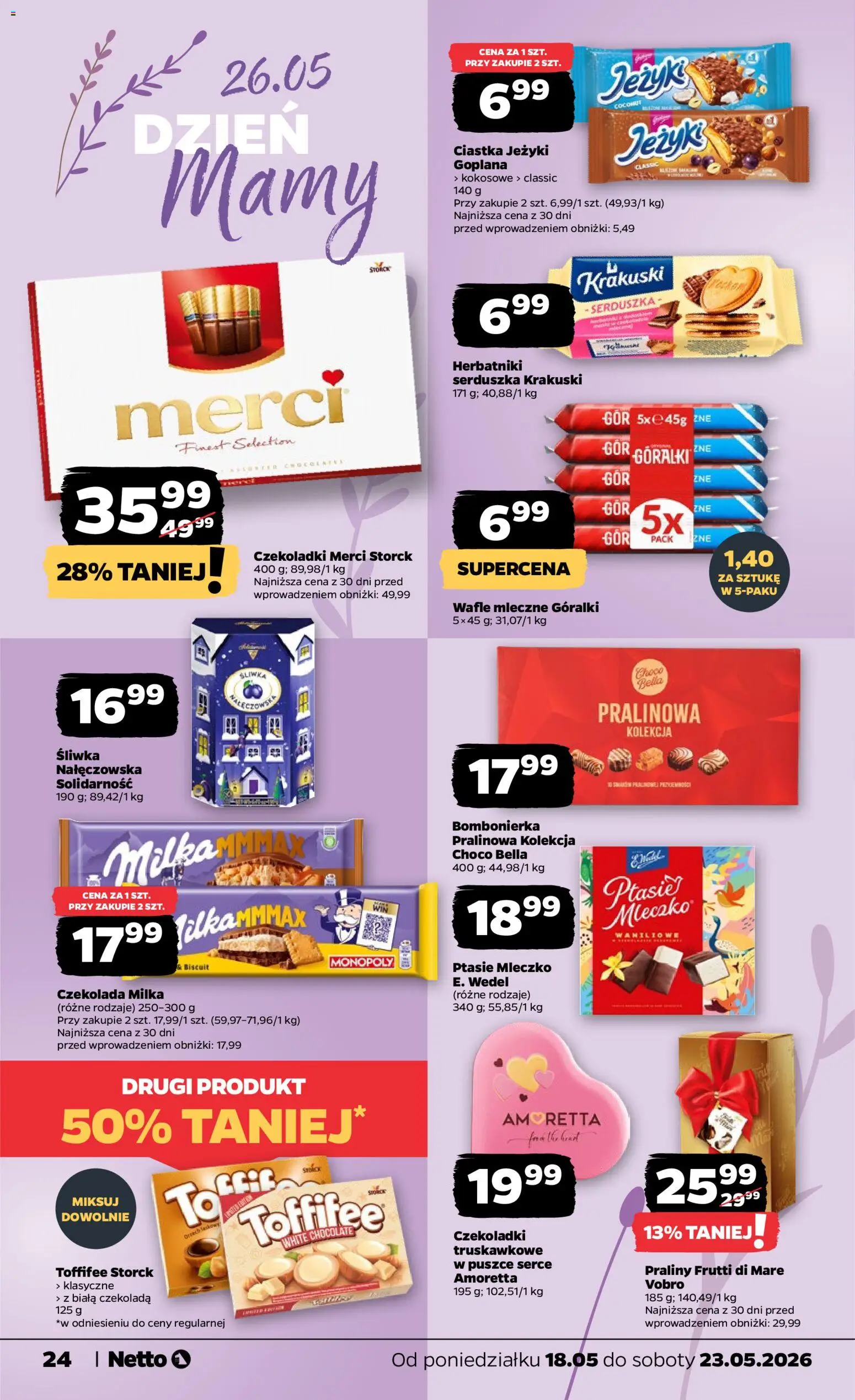 Netto gazetka od poniedziałku spożywcza od 18.05.2026 | Strona: 24 | Produkty: Toffifee, Ptasie mleczko, Frutti di Mare, Ciastka