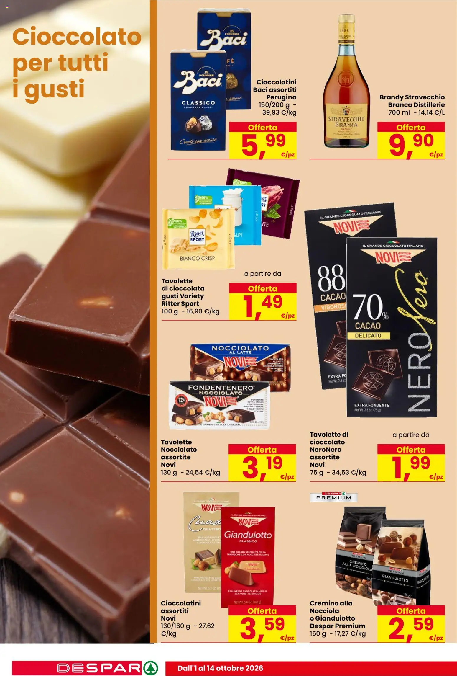 Volantino Despar del 01/10/2026 | Pagina: 14 | Prodotti: Latte, Cacao, Cioccolatini, Brandy