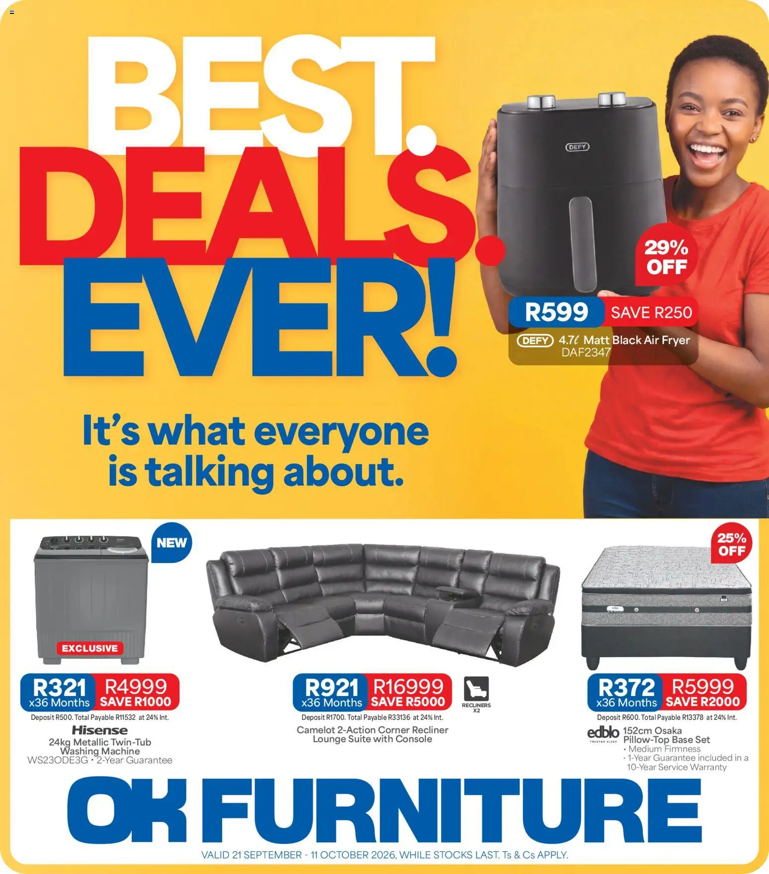 New OK Furniture catalogue – valid from 21/09/2026 | Page: 1 | Products: Washing machine, Fryer, Lounge suite, Air fryer