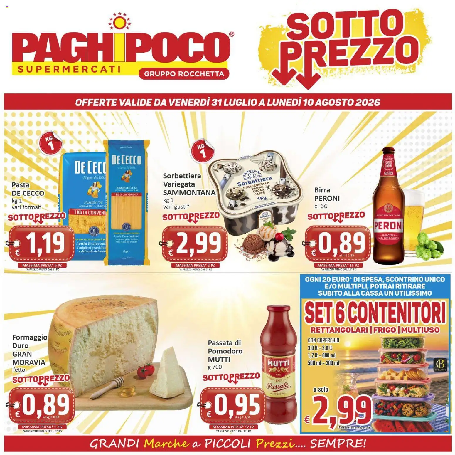 Volantino Paghi Poco del 31/07/2026 | Pagina: 1 | Prodotti: Birra, Pomodoro, Pasta, Cacao