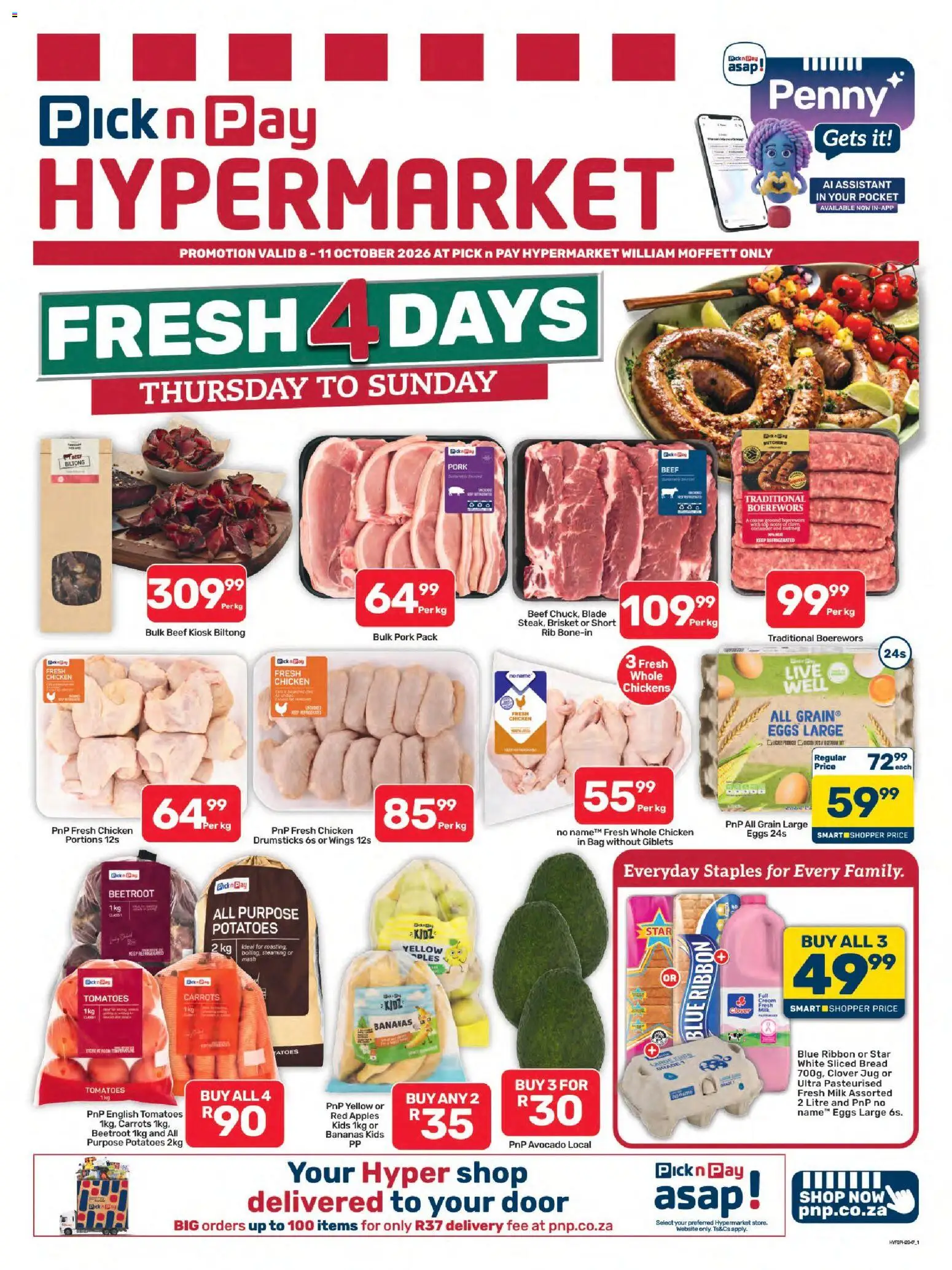 New Pick n Pay catalogue – valid from 08/10/2026 | Page: 1 | Products: Boerewors, Pork, Apples, Bananas