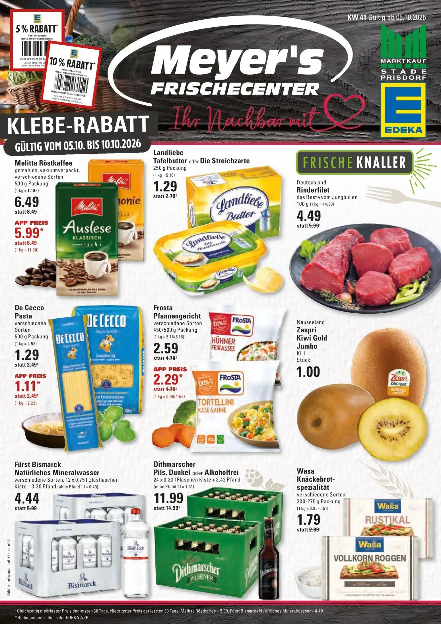 Edeka Prospekt Prisdorf (ab 05.10.2026) » Angebote Online | Seite: 1 | Produkte: Melitta, Rinderfilet, Pasta, Kiwi