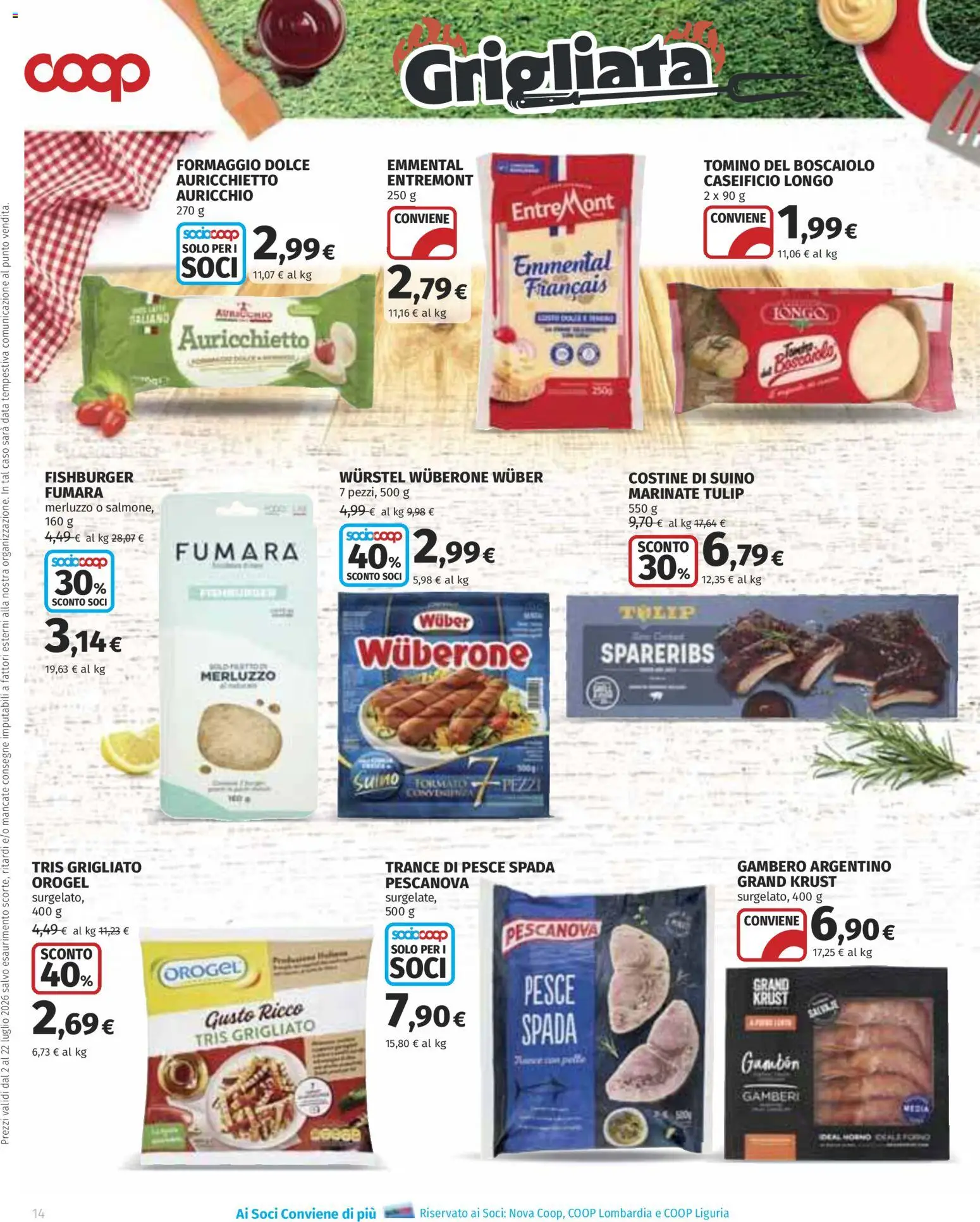 Volantino COOP del 02/07/2026 | Pagina: 14 | Prodotti: Merluzzo, Gamberi, Pesce spada, Tomino