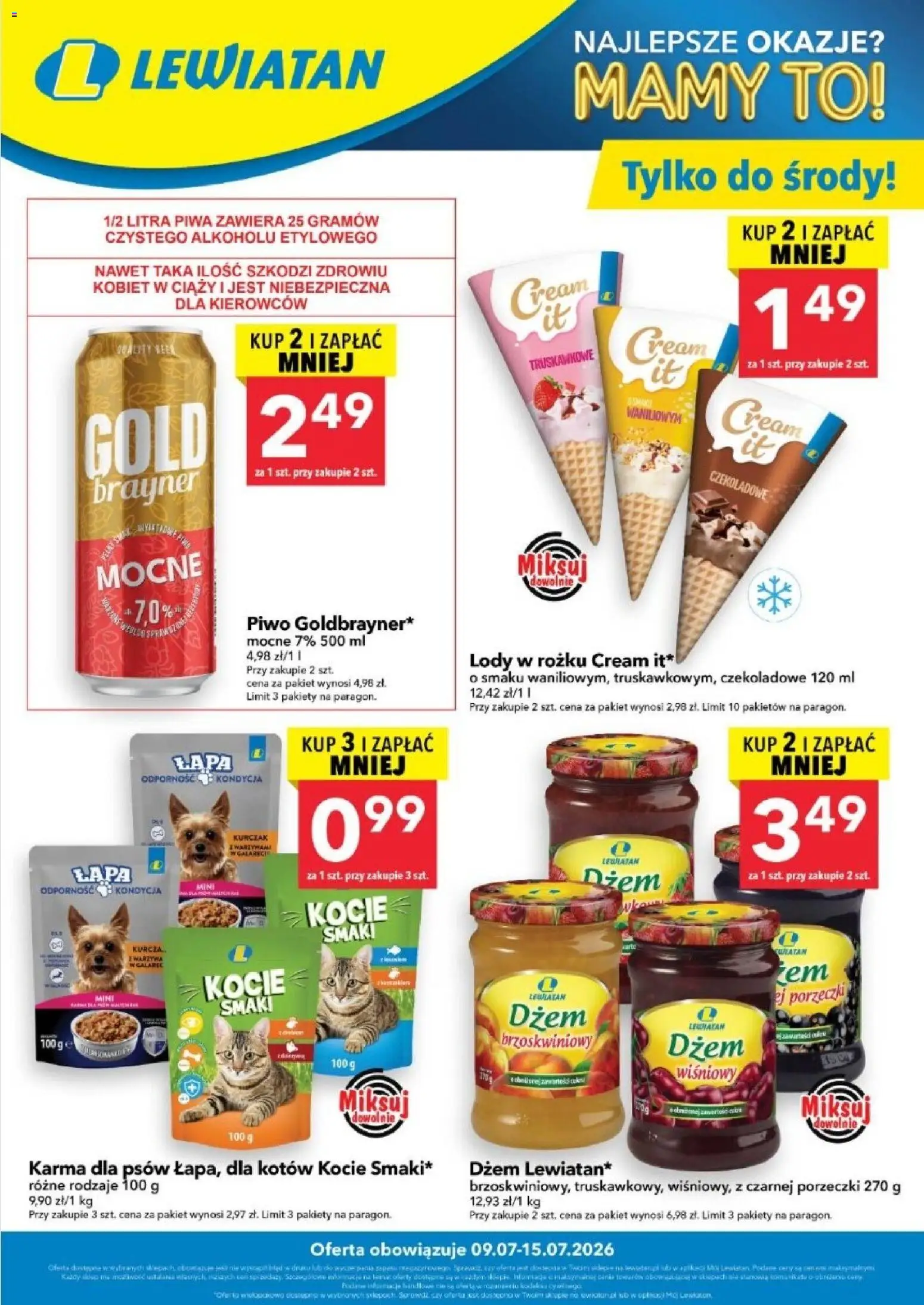 Lewiatan gazetka - W wielopakach taniej od 09.07.2026 | Strona: 1 | Produkty: Dżem, Piwo, Karma dla psów, Lody