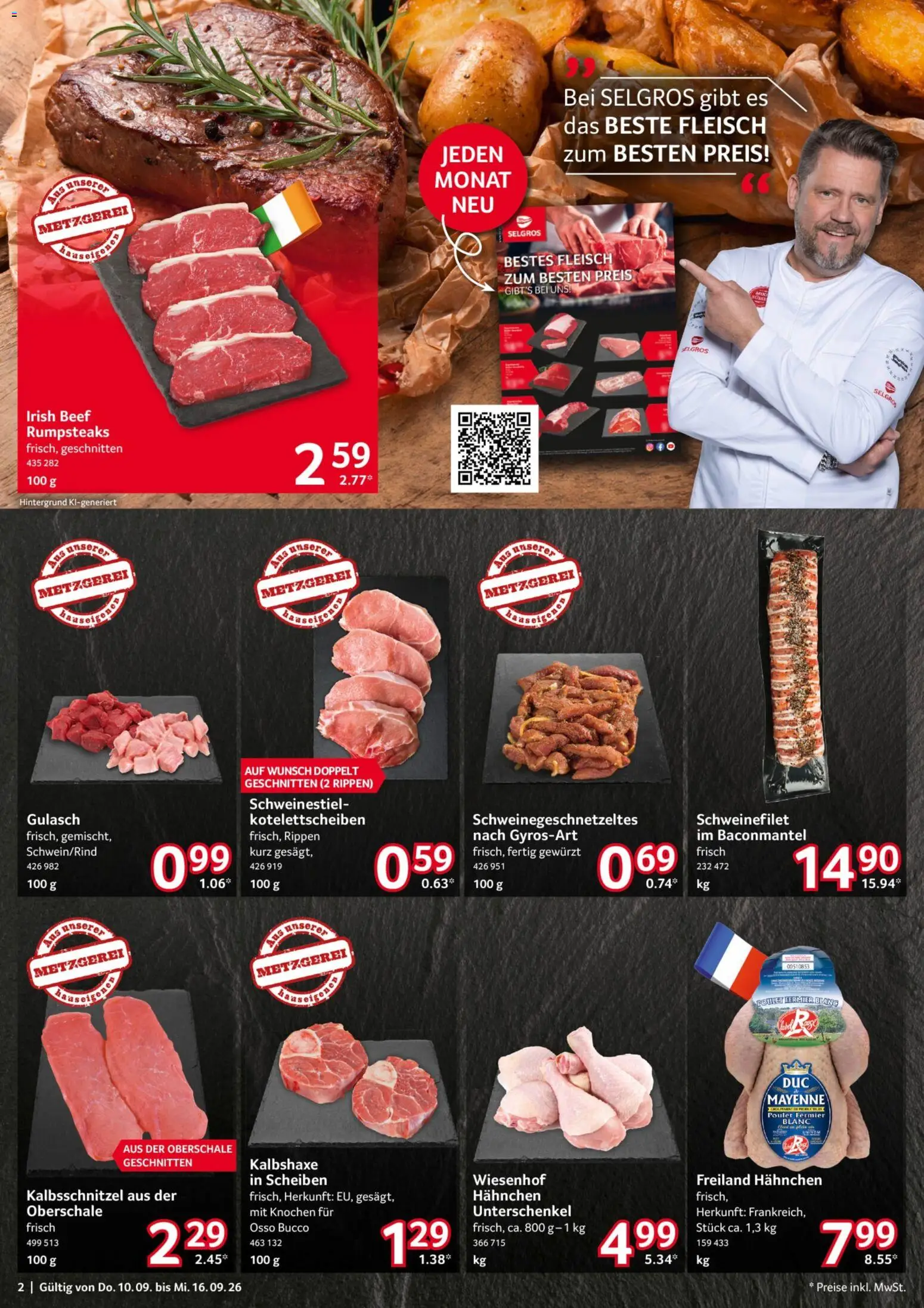 Selgros Prospekt – gültig ab 10.09.2026 | Seite: 2 | Produkte: Hahnchen, Schweinefilet, Gulasch, Fleisch