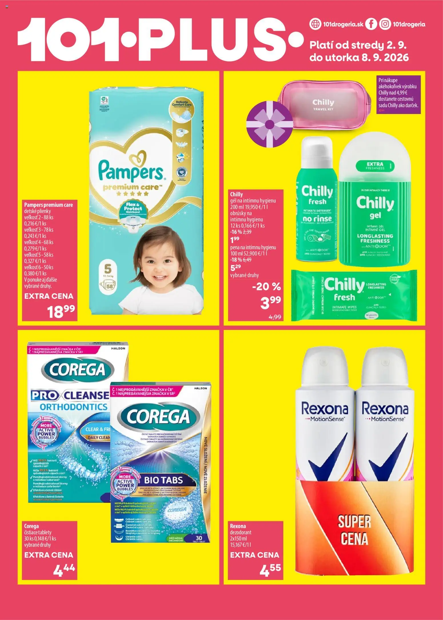 Nové 101 drogerie akcie – leták je platný od 02.09.2026 | Strana: 3 | Produkty: Pampers Premium Care, Dezodorant, Plienky, Pena