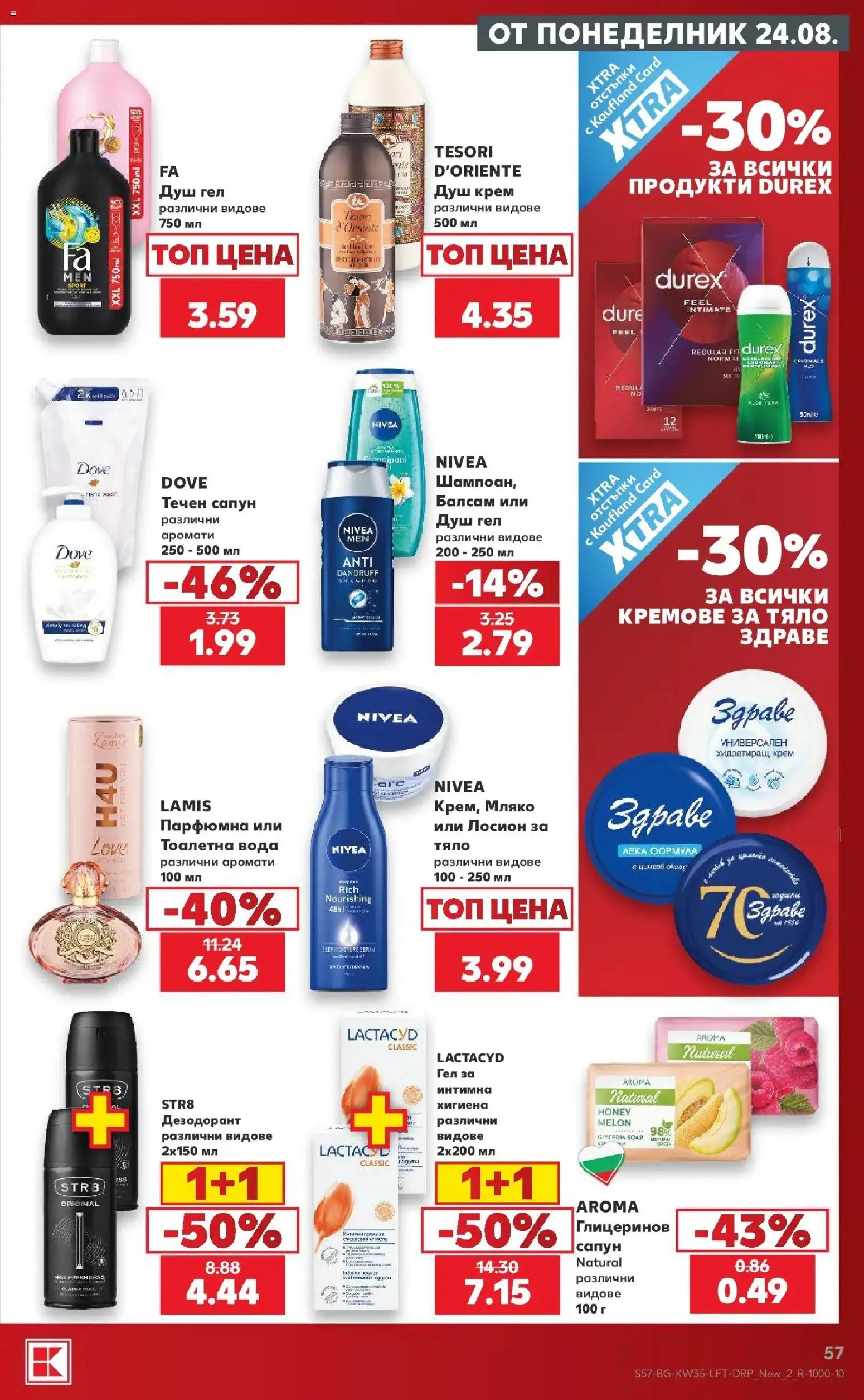Нова Кауфланд брошура Враца - Топ оферти с Kaufland с валидност до 30.08.2026 от 24.08.2026 | Страница: 57 | Продукти: Крем, Душ гел, Дезодорант, Мляко