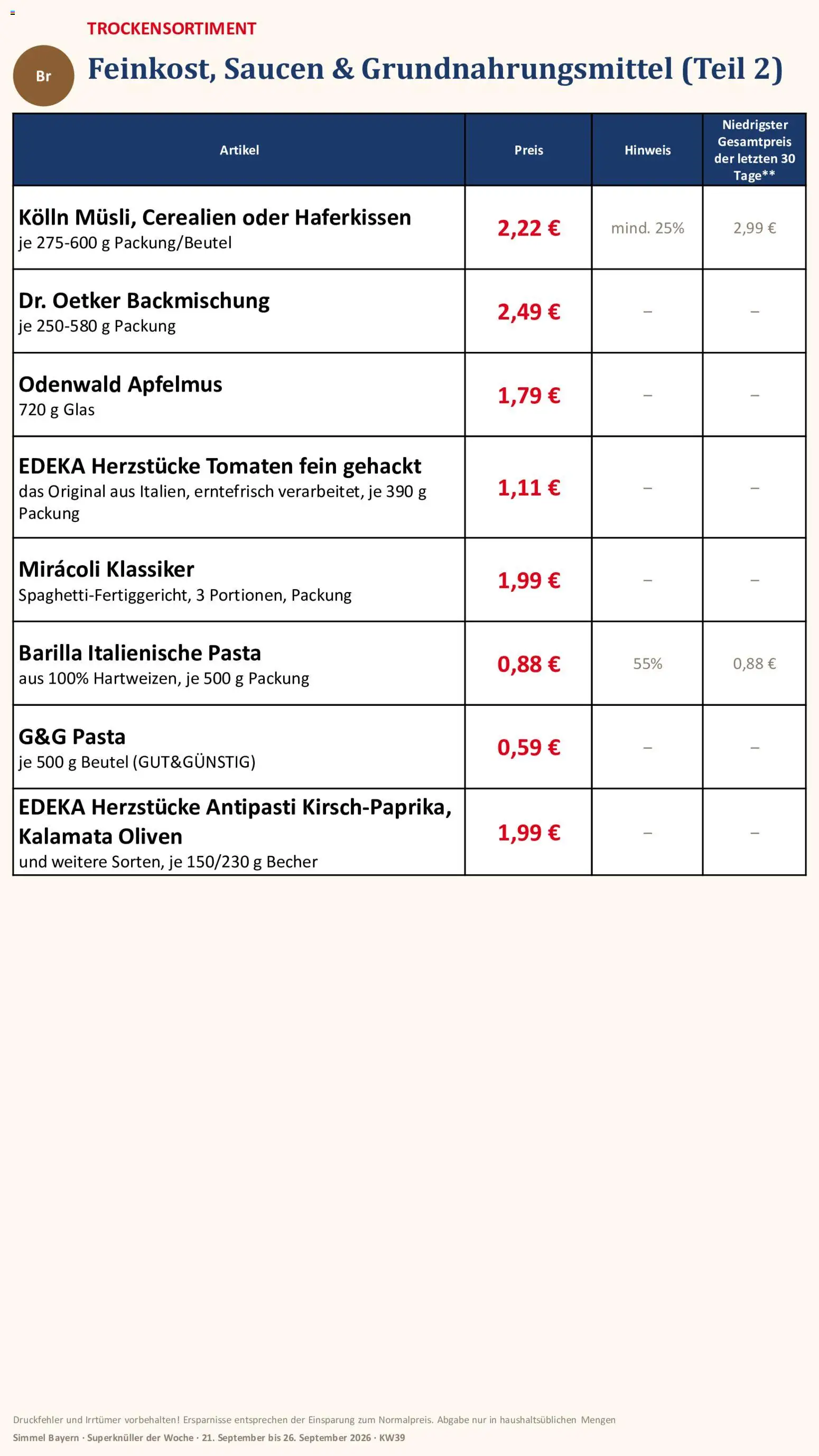 Simmel Bayern – gültig ab 21.09.2026 | Seite: 9 | Produkte: Kolln, Tomaten, Pasta, Apfelmus