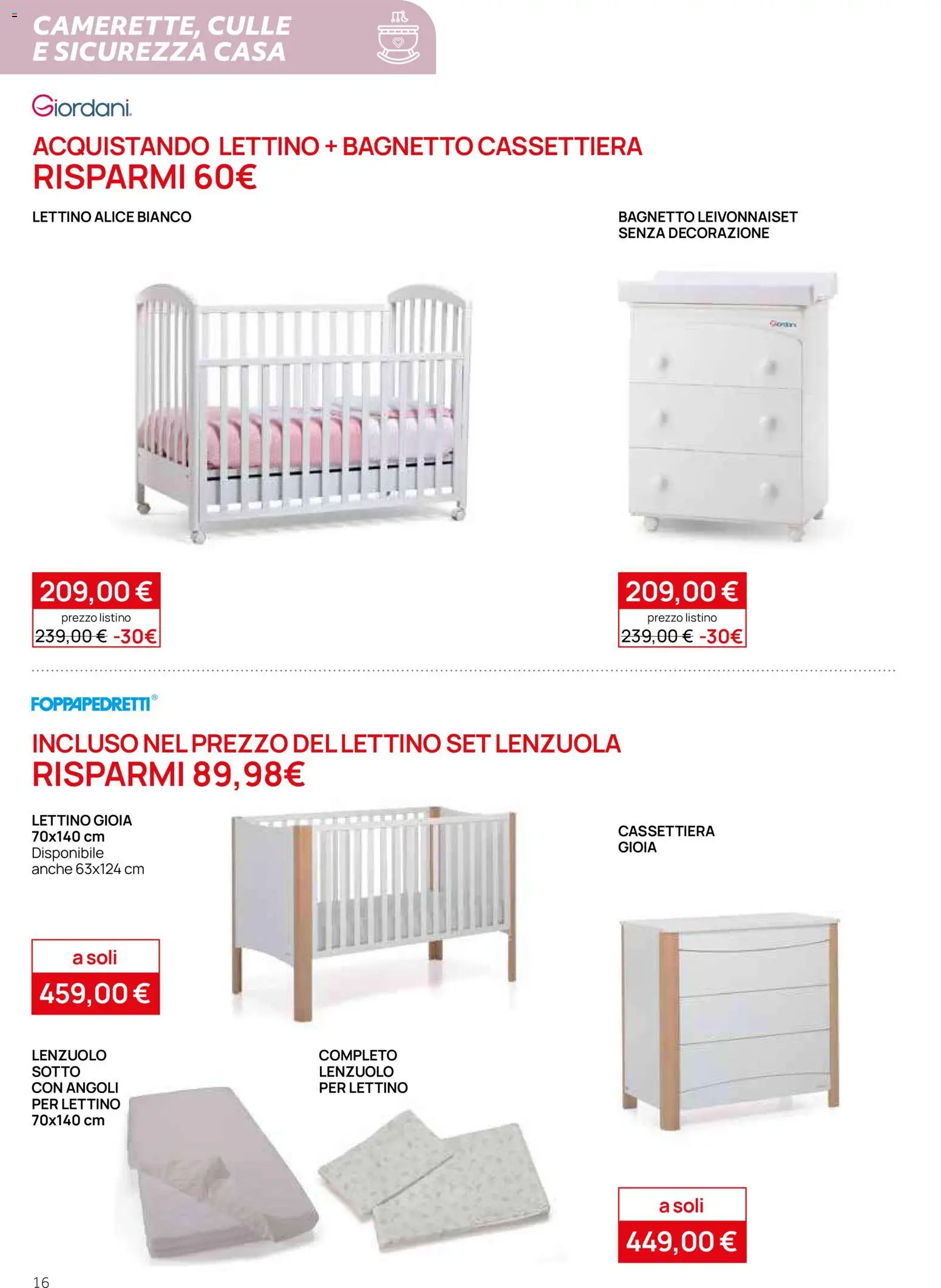 Volantino Prenatal del 06.05.2026 | Pagina: 16 | Prodotti: Lettino, Bagnetto, Cassettiera, Lenzuola