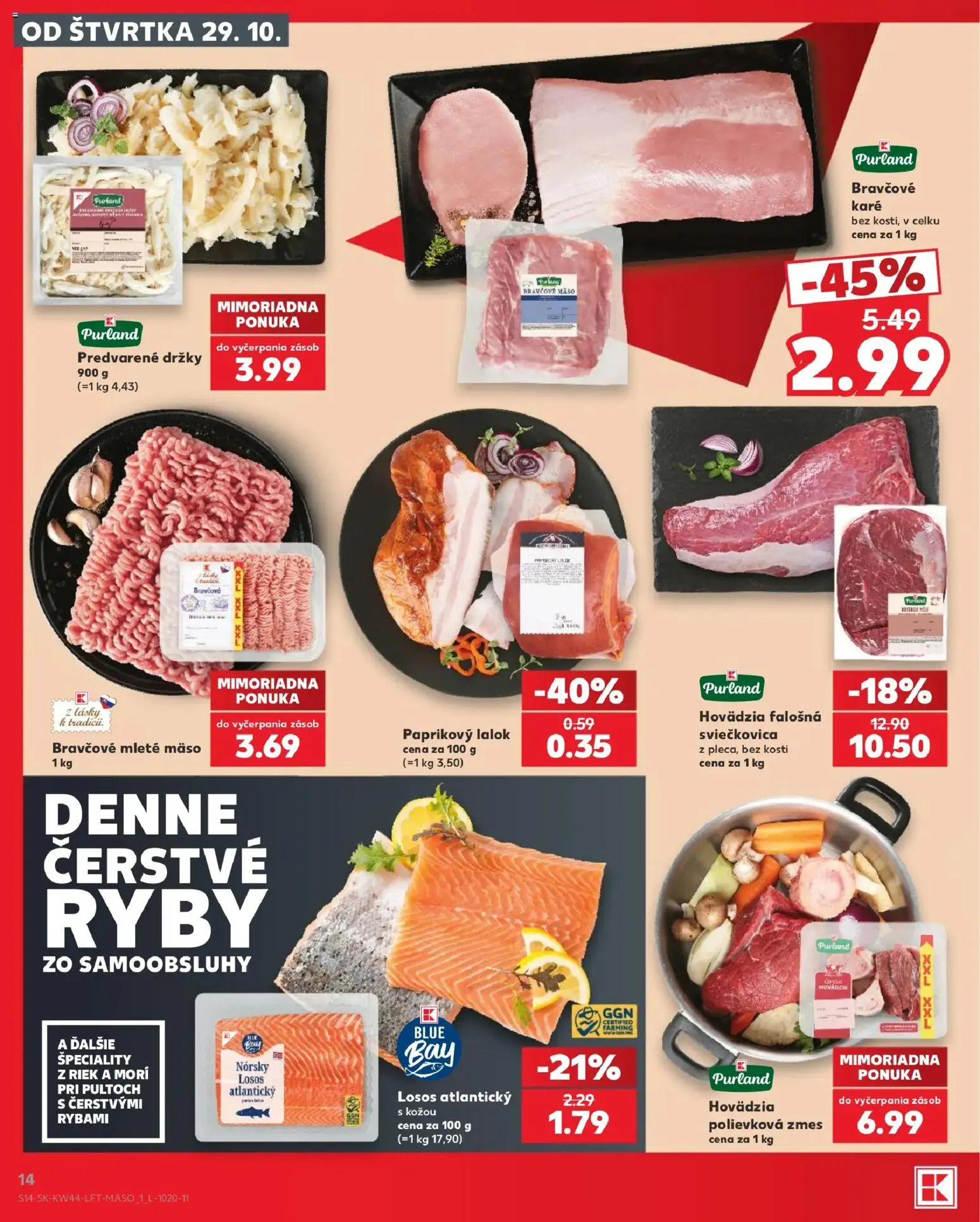 Nové Kaufland akcie – leták je platný od 29.10.2026 | Strana: 14 | Produkty: Ryby, Mäso, Losos, Mleté mäso