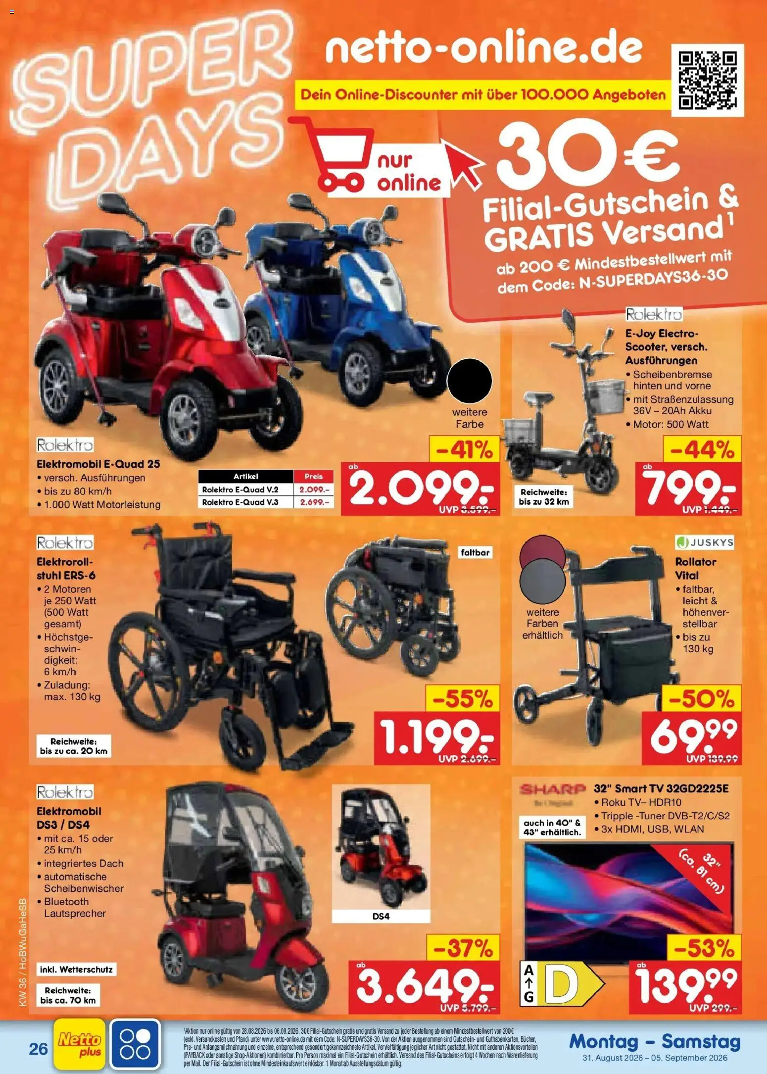 Netto Marken-Discount Prospekt Stemwede-Dielingen (ab 31.08.2026) » Angebote | Seite: 36 | Produkte: Lautsprecher, Stuhl, Smart TV, TV