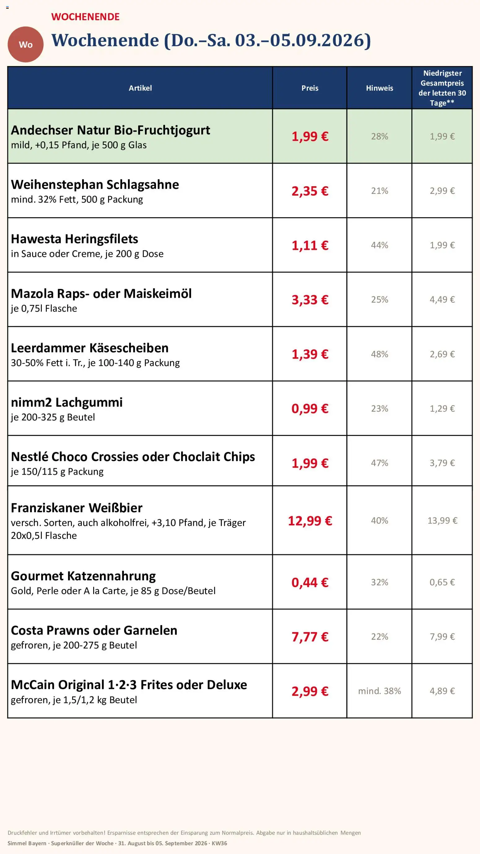 Simmel Bayern – gültig ab 31.08.2026 | Seite: 26 | Produkte: Franziskaner, Schlagsahne, Weißbier, Leerdammer