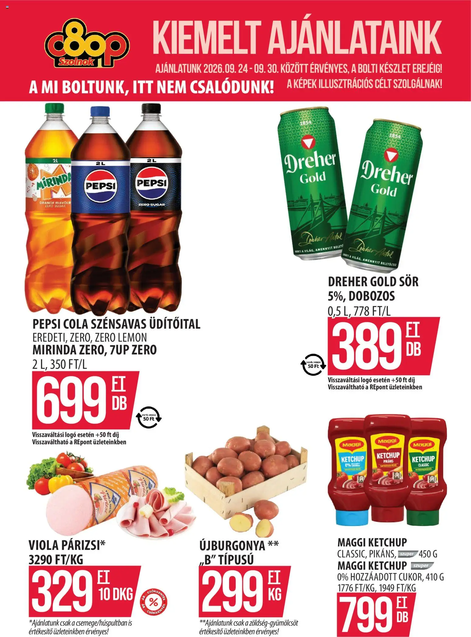 COOP Szolnok akciós ujság - amely érvényes a következő dátumtól: 2026.09.24. | Oldal: 1 | Termékek: Dreher, Pepsi, Cola, Ketchup