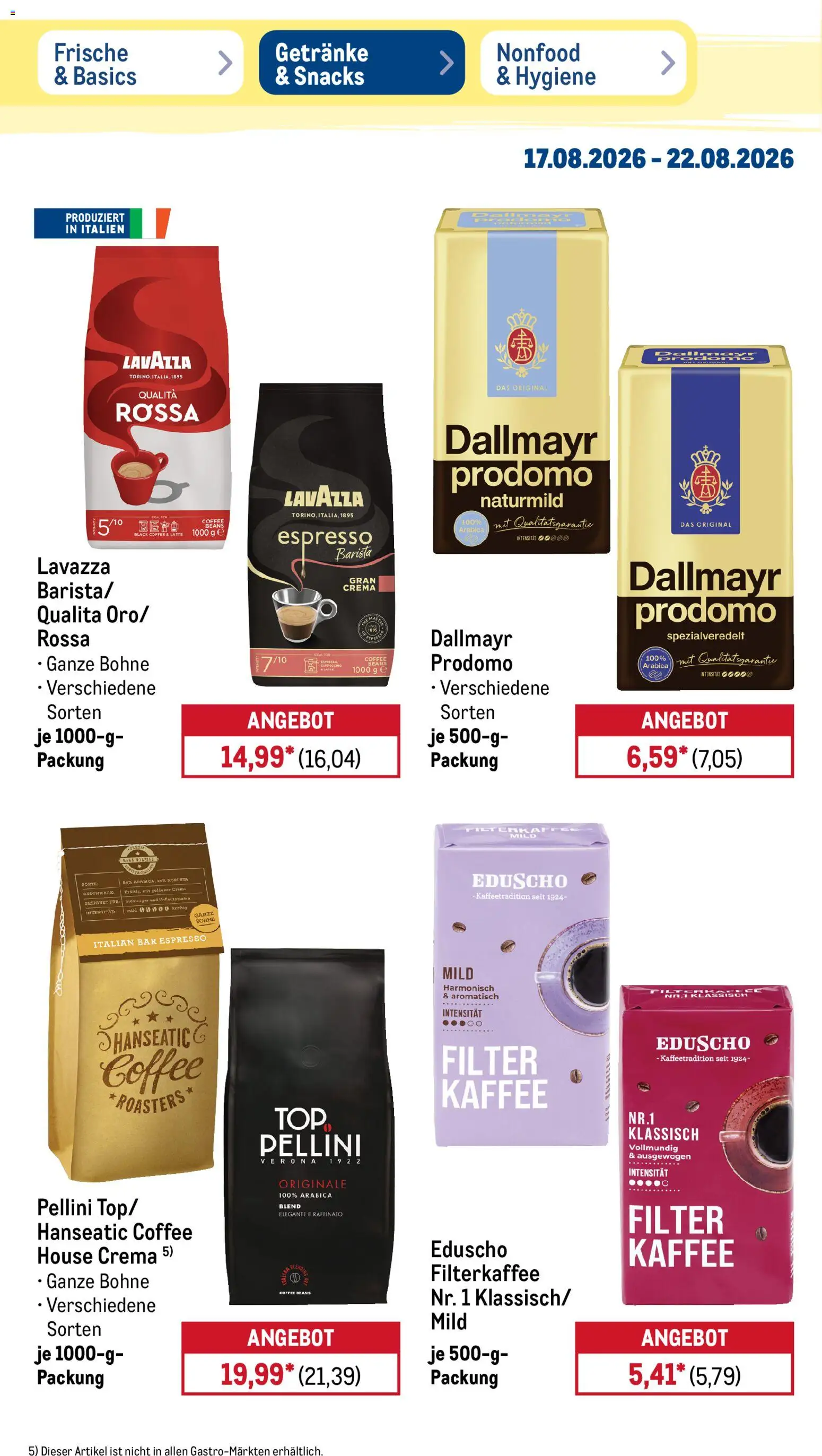 Metro Prospekt – gültig ab 17.08.2026 | Seite: 22 | Produkte: Lavazza, Kaffee, Dallmayr, Eduscho